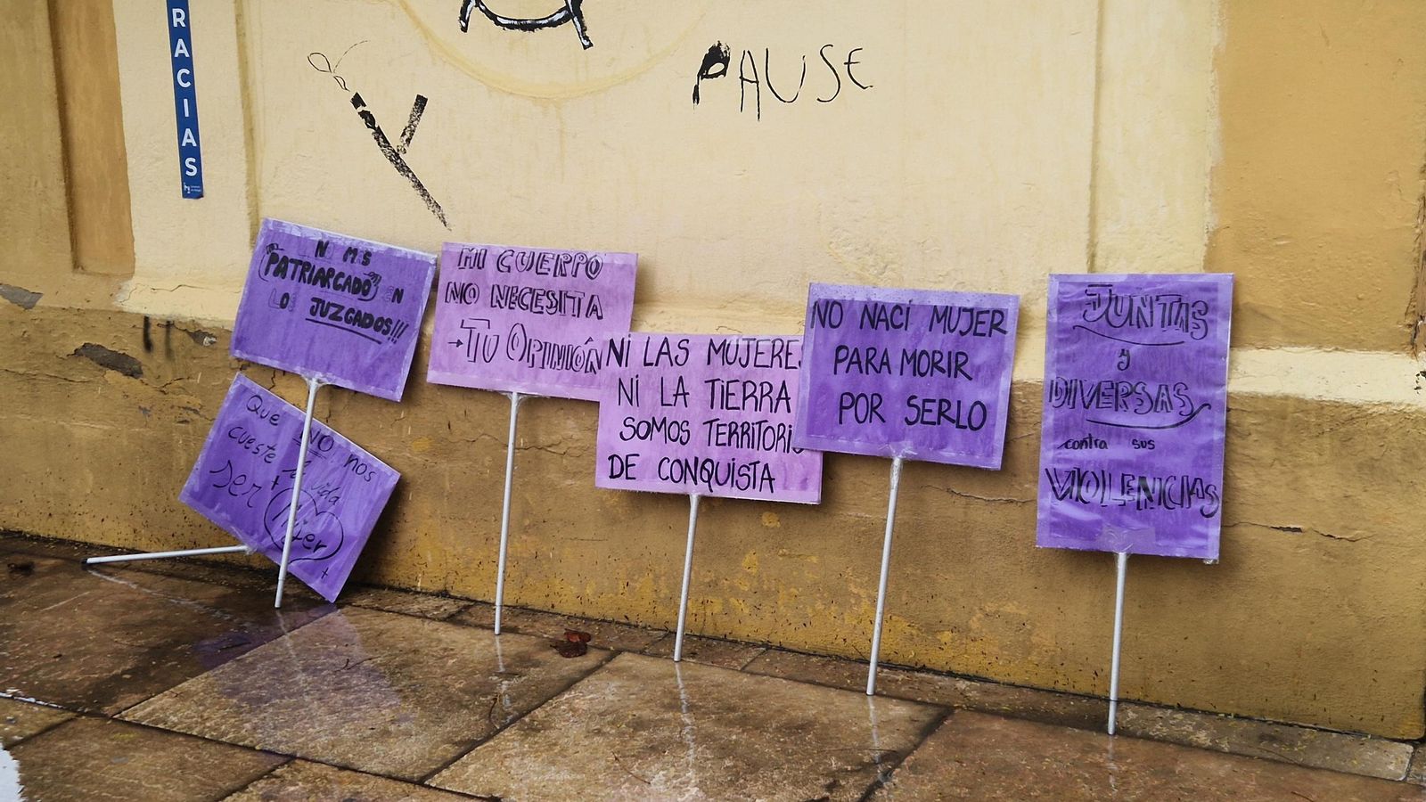 Pancartas mojadas de la manifestación por el 8M.