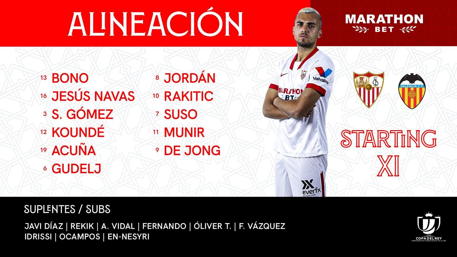 Once titular del Sevilla ante el Valencia, con Gudelj, Munir y De Jong