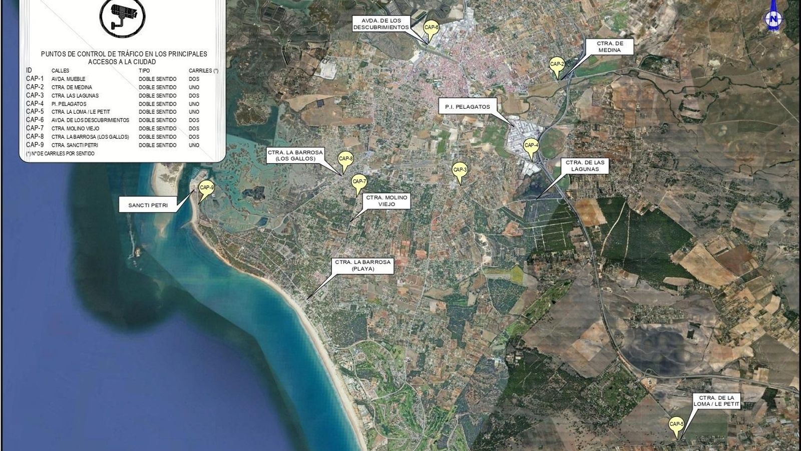 Mapa con los puntos de control al tráfico situados en los puntos de acceso a la ciudad.