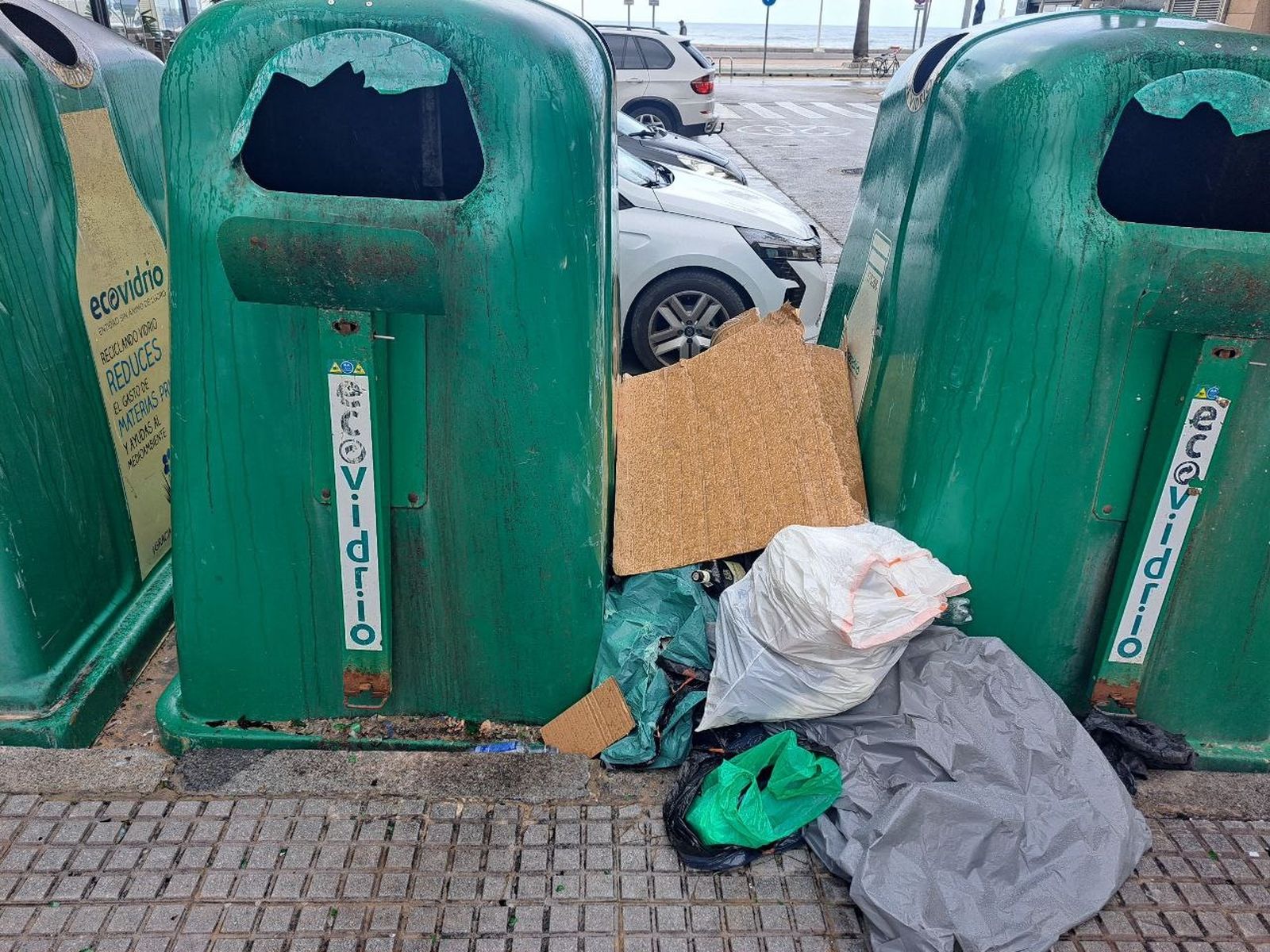 Basura fuera de unos contenedores completamente sucios y deteriorados en la zona.