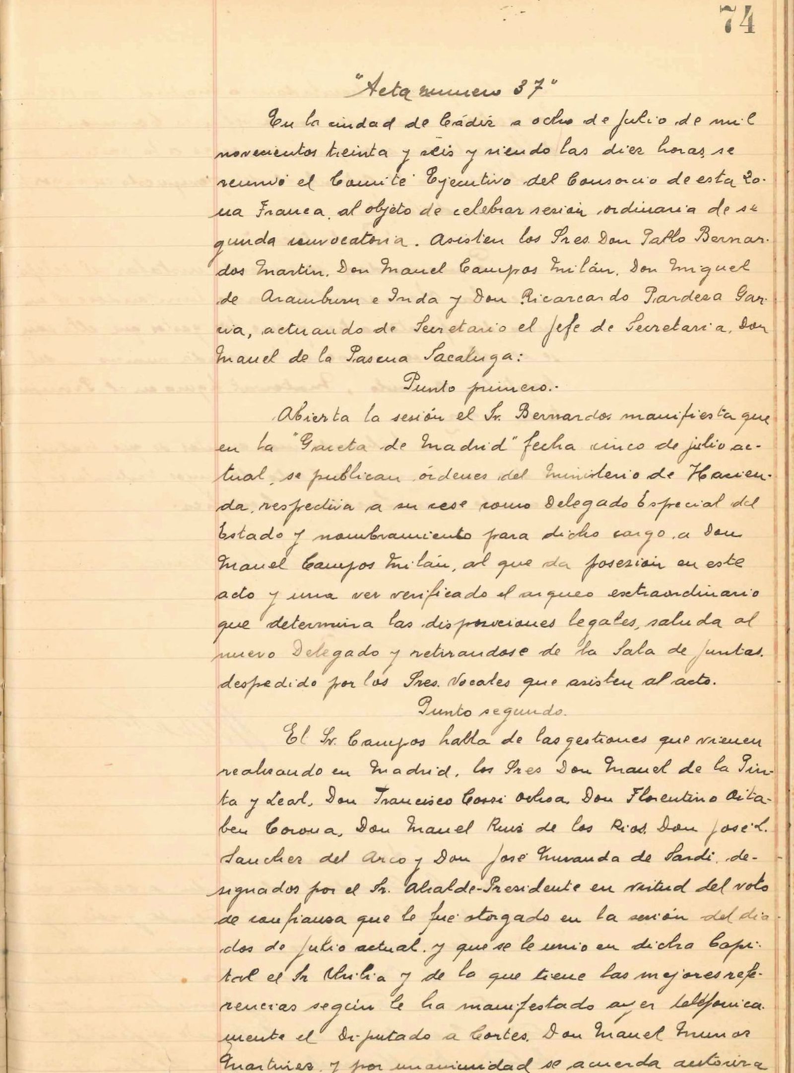 Acta del consejo de la Zona Franca con el nombramiento de Manuel Campos.