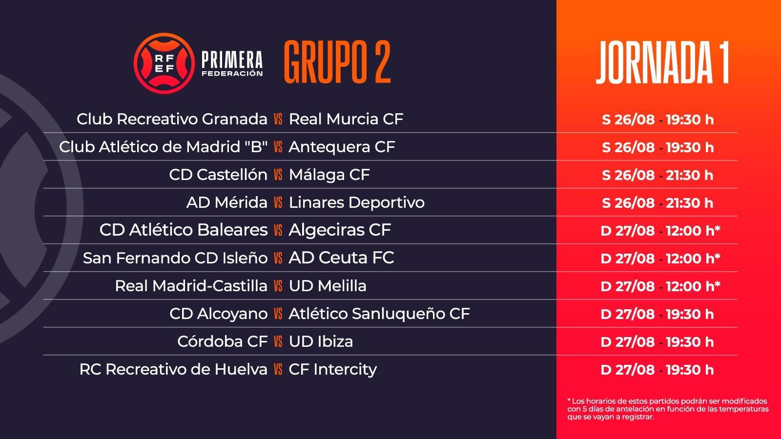 Horarios de las jornadas 1 y 2 de Primera RFEF 2023/2024