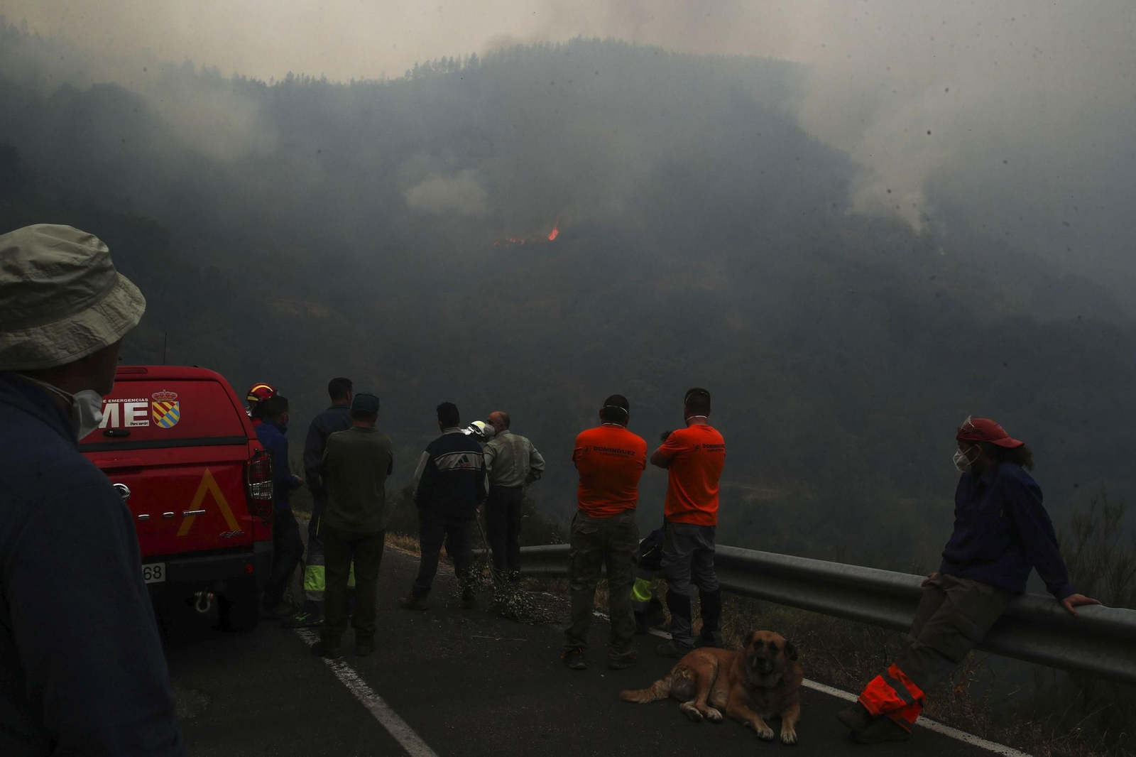 Efectivos de la UME y vecinos en las inmediaciones de un fuego en Ponferrada, León.