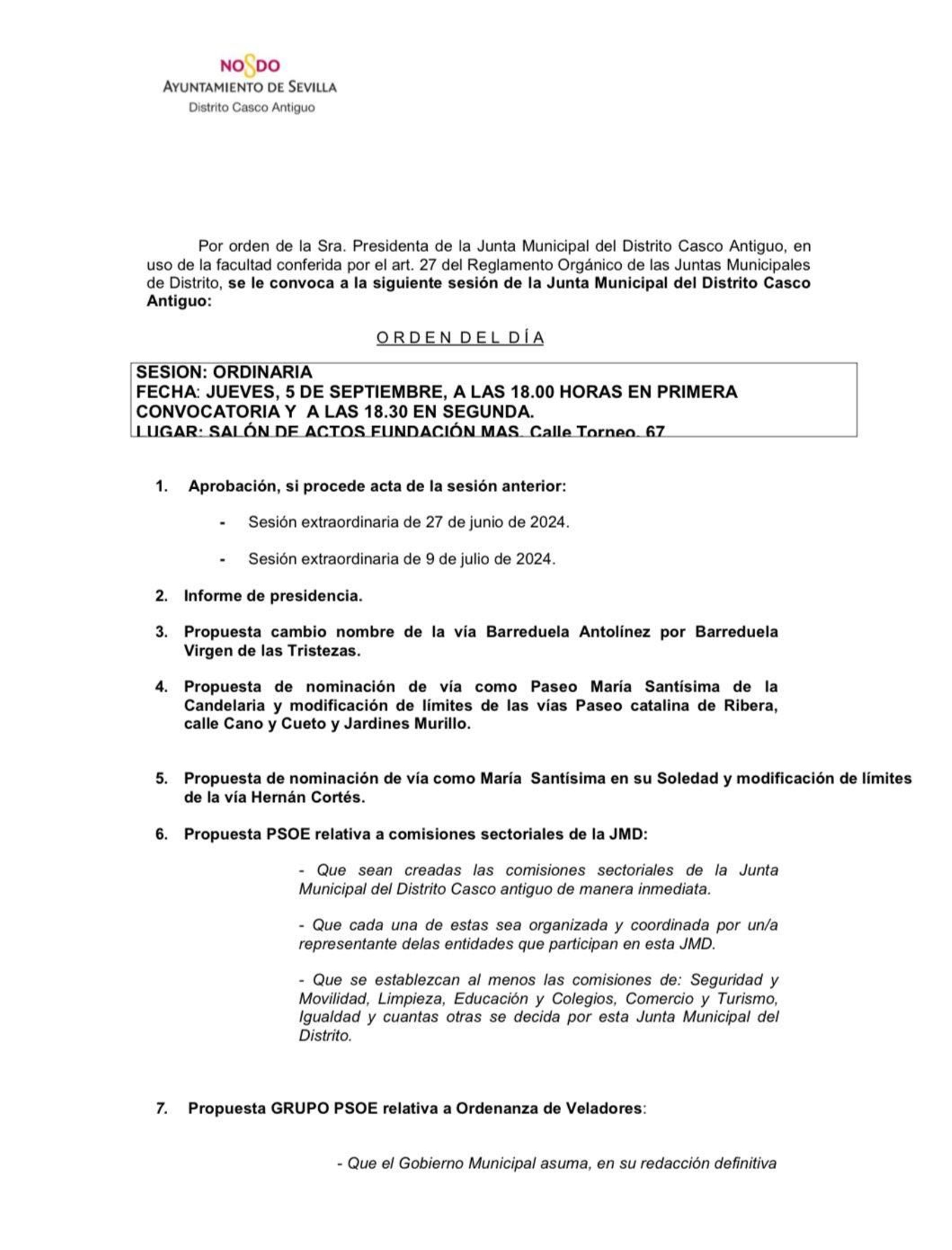 Orden del día del Pleno del distrito en el que se lee la propuesta de los cambios en el callejerp.