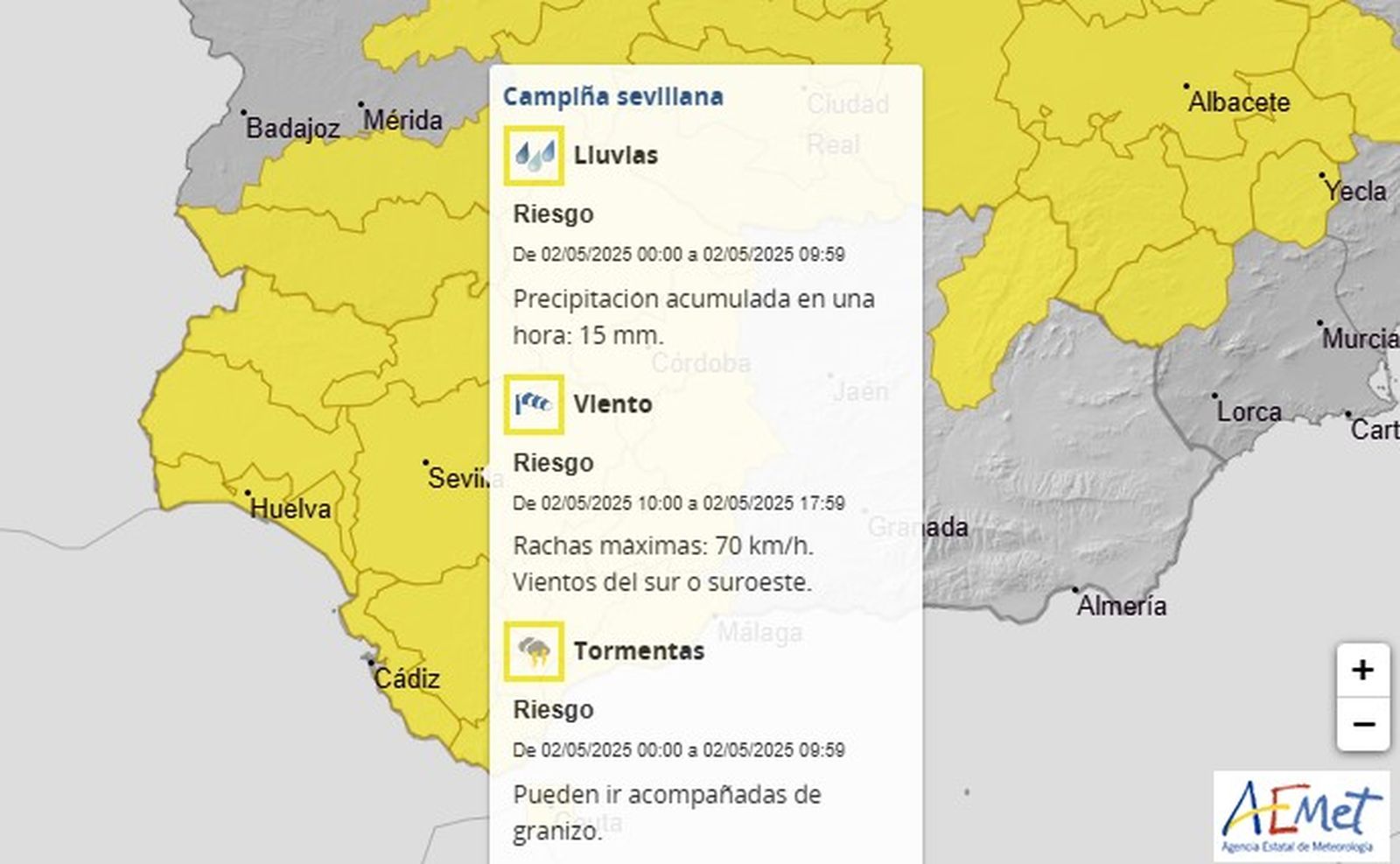 Avisos amarillos en la provincia de Sevilla este viernes 2 de mayo