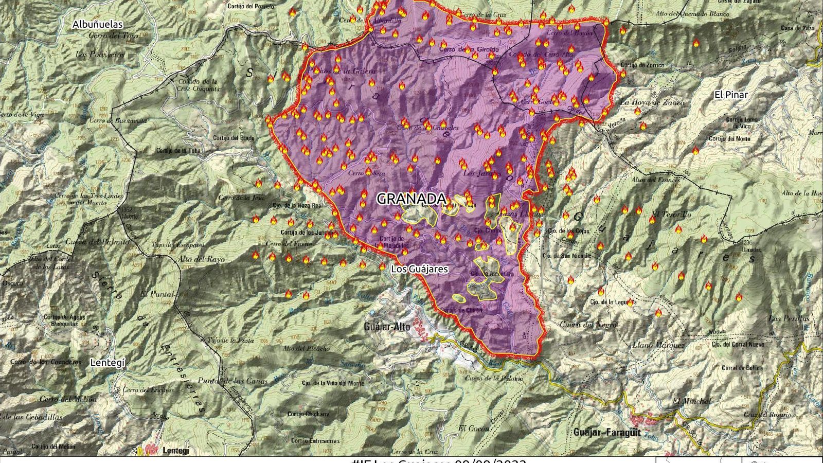 Primer mapa del viernes, con el fuego quemando a la vez 1.500 hectáreas