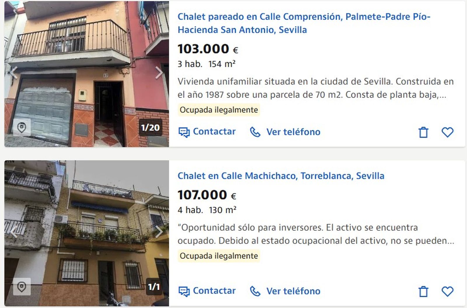 Dos viviendas okupadas a la venta en Sevilla