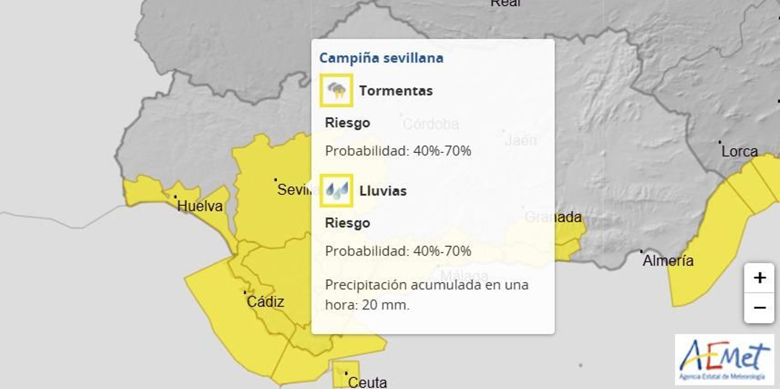 Aviso amarillo este domingo en Sevilla por lluvias