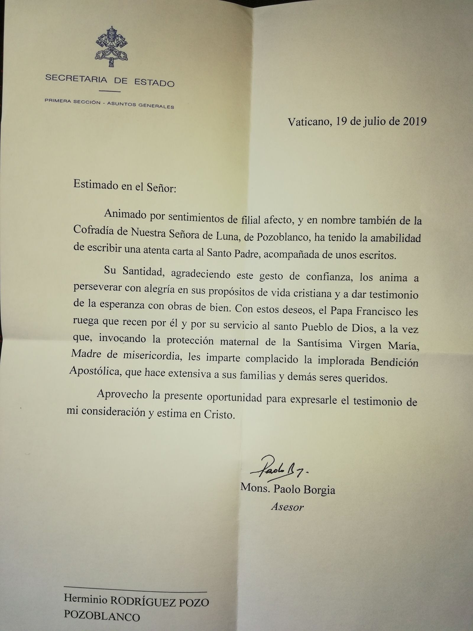 Respuesta de la secretaría del Vaticano