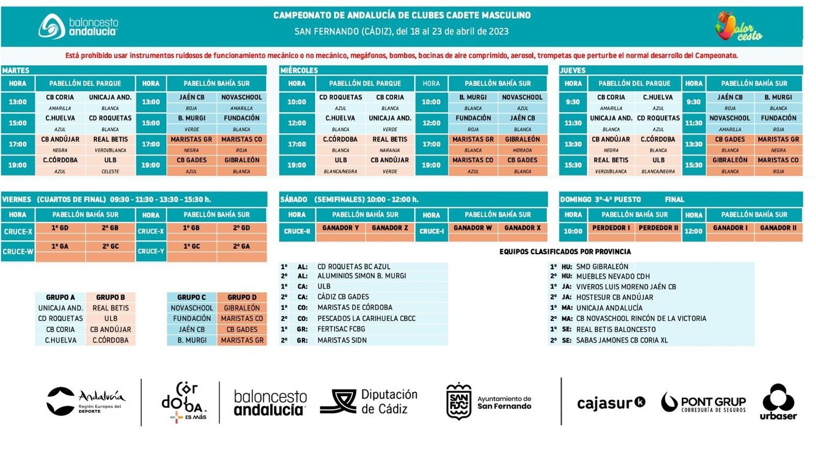 Calendario de partidos del Campeonato de Andalucía de Clubes Cadete Masculino de Baloncesto.