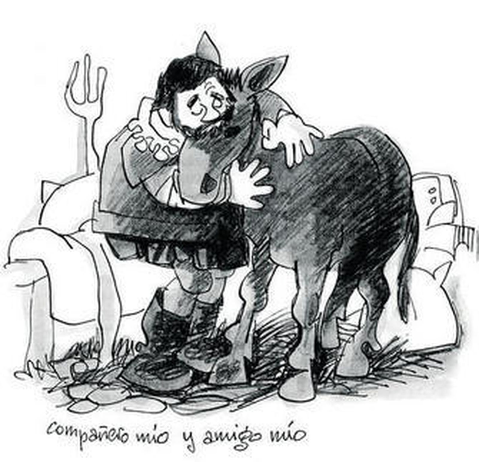 Sancho Panza abraza a su rucio en una estampa de Mingote.