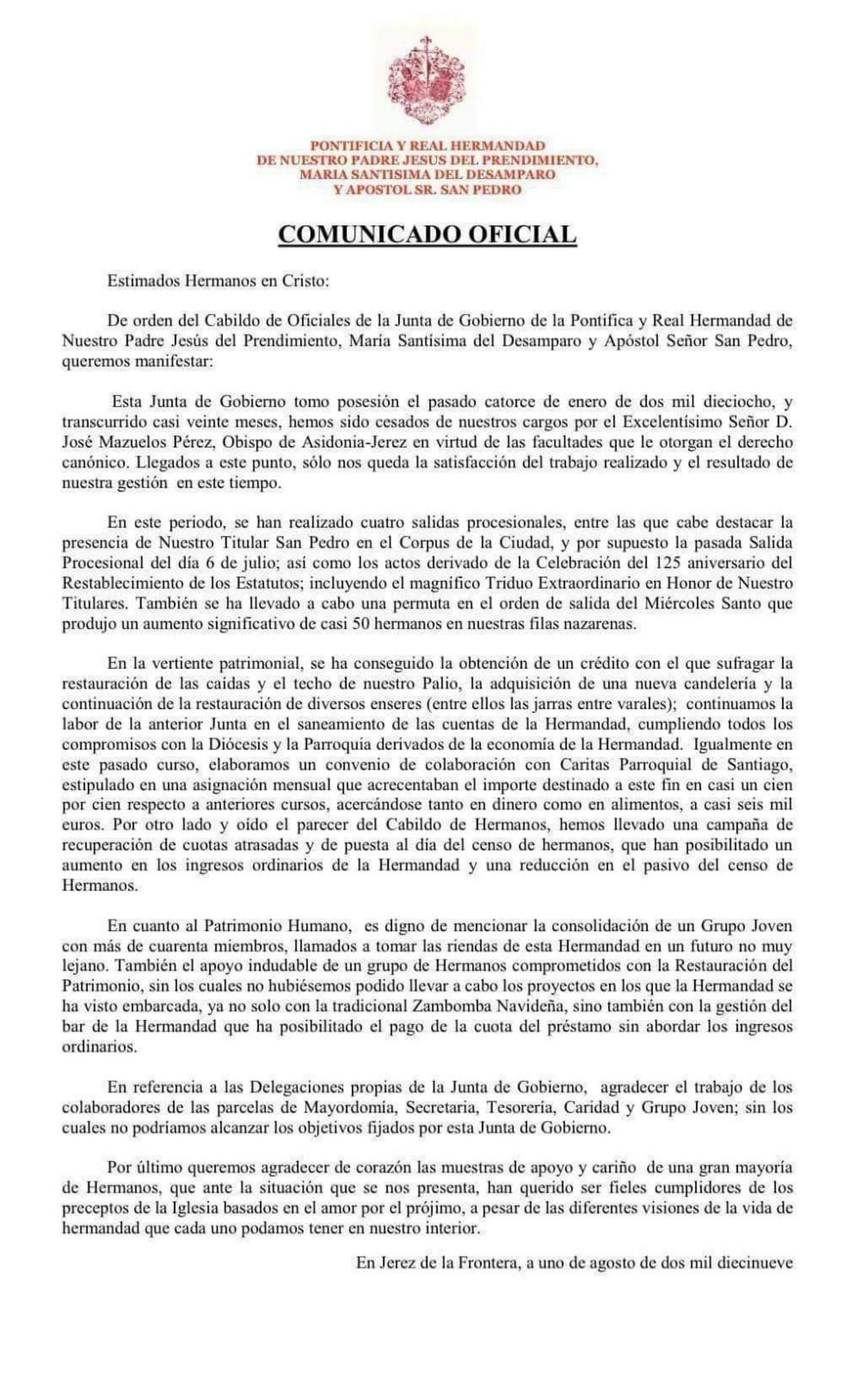 Comunicado del Prendimiento