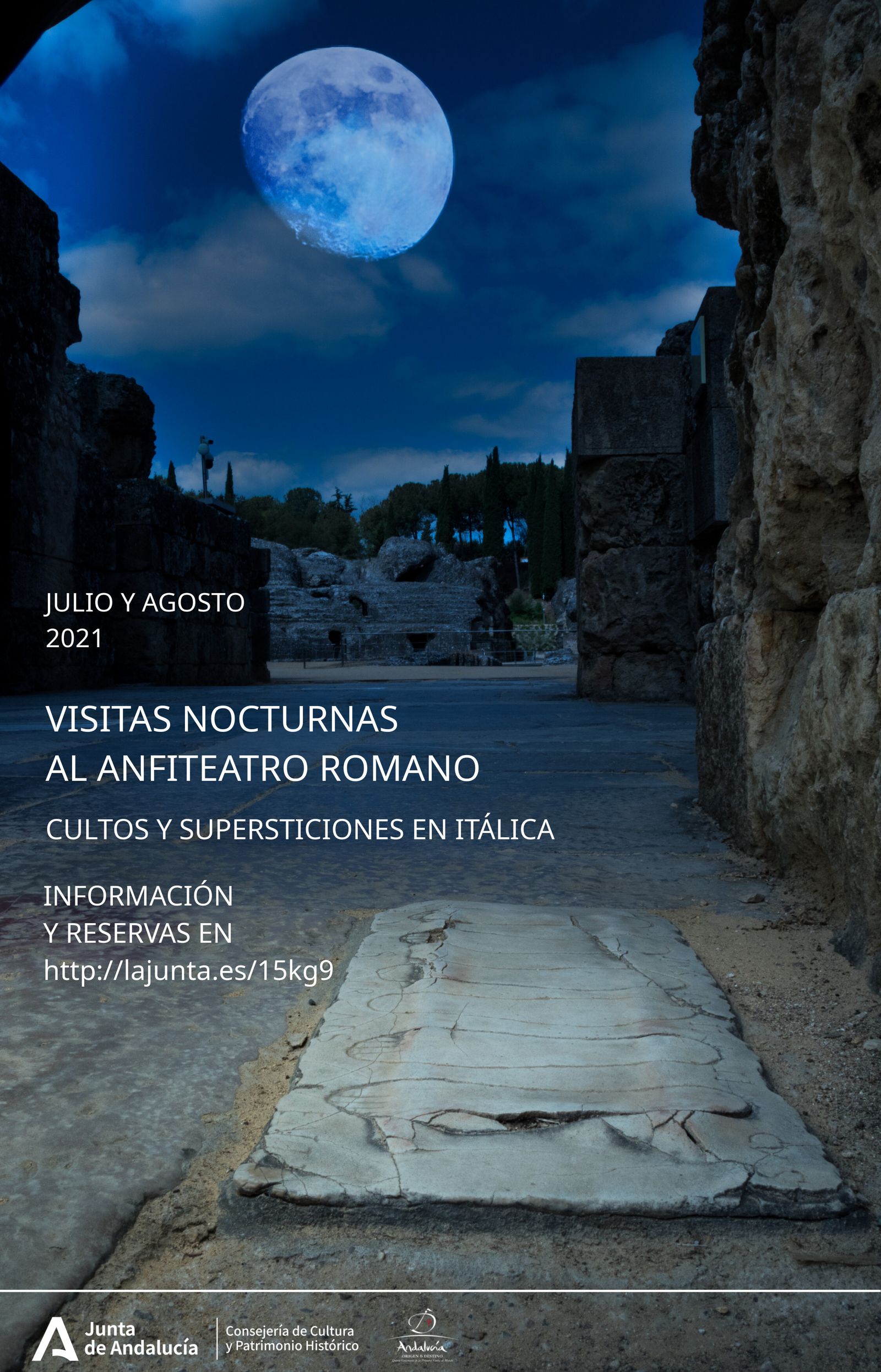 Cartel que anuncia las visitas nocturnas a Itálica en verano de 2021