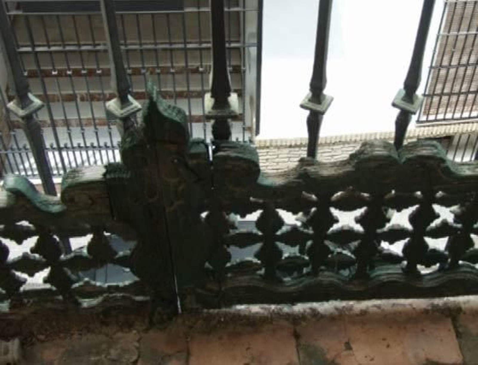 Vista hacia el exterior a través de una barandilla.