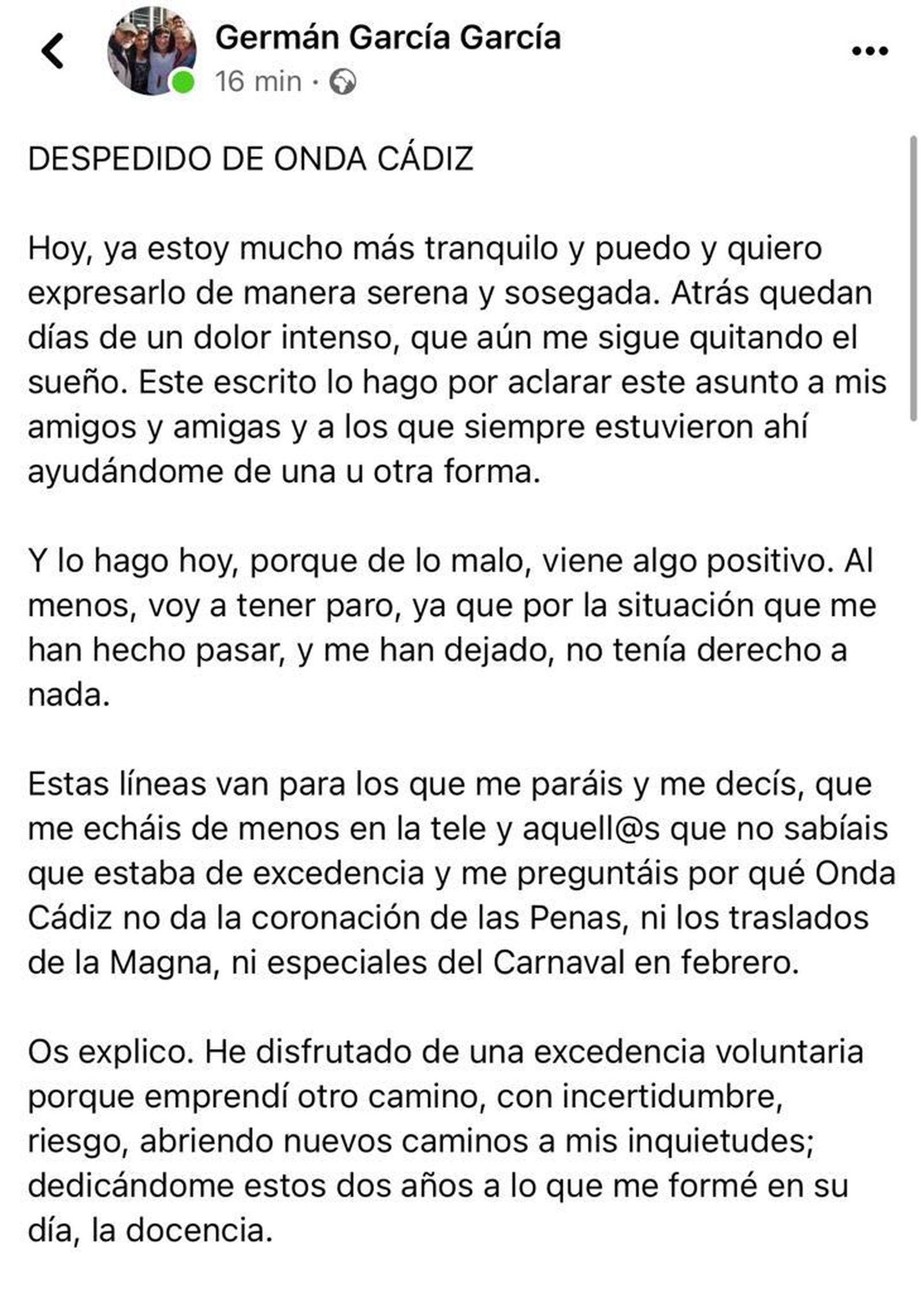 Germán García fuera de Onda Cádiz