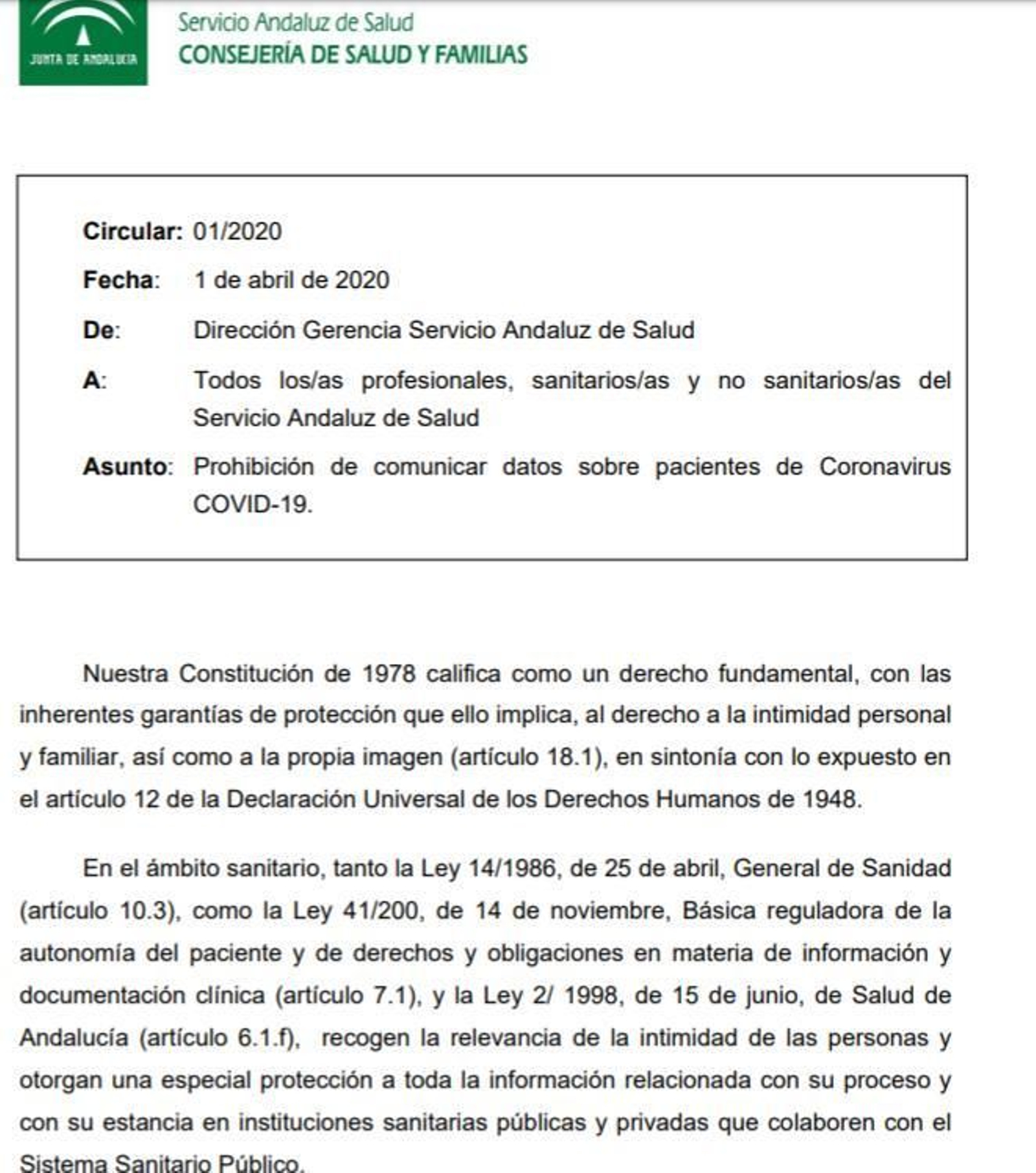 La circular del SAS remitida a los trabajadores La circular del SAS remitida a los trabajadores