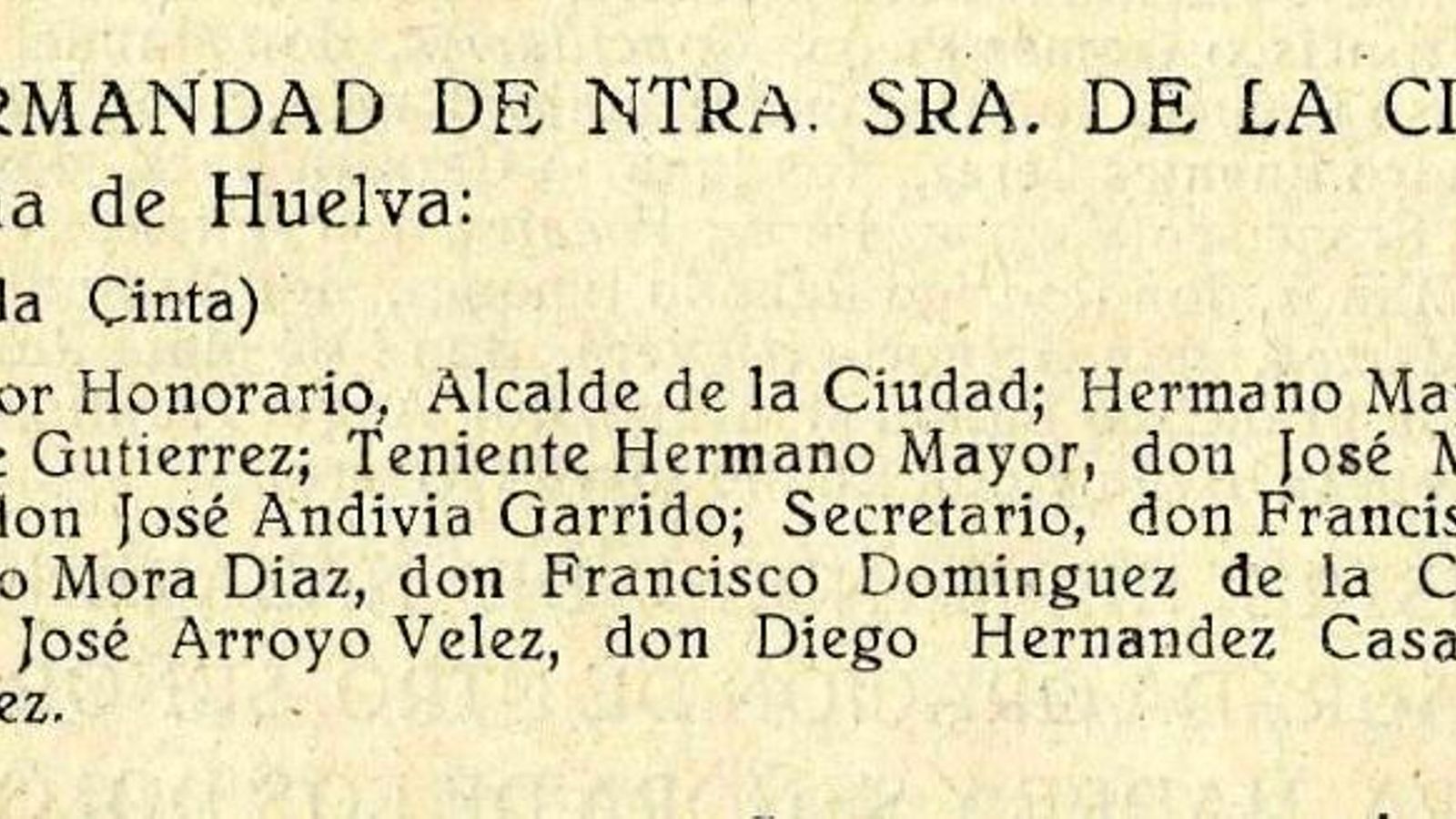 Guía Oficial de Huelva 1942-43, en la que aparece el alcalde de Huelva como Hermano Mayor Honorario de la Hermandad de la Cinta.