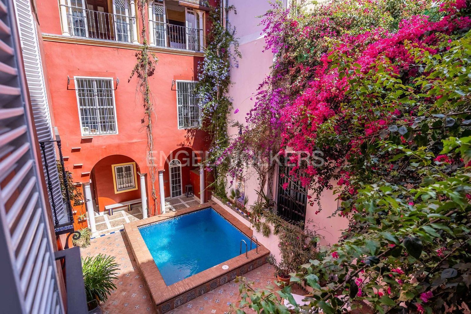 El patio interior tiene piscina