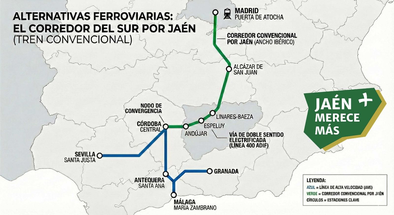 Alternativa propuesta por Jaén Merece Más por vía tren convencional Jaén tras corte LAV en Adamuz.