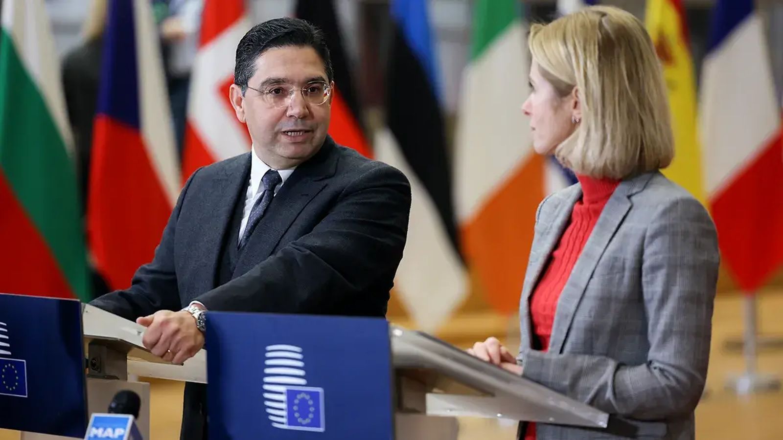 El ministro de Asuntos Exteriores marroquí, Nasser Bourrita, y la vicepresidenta de la Comisión Europea y alta representante para Asuntos Exteriores, Kaja Kallas.