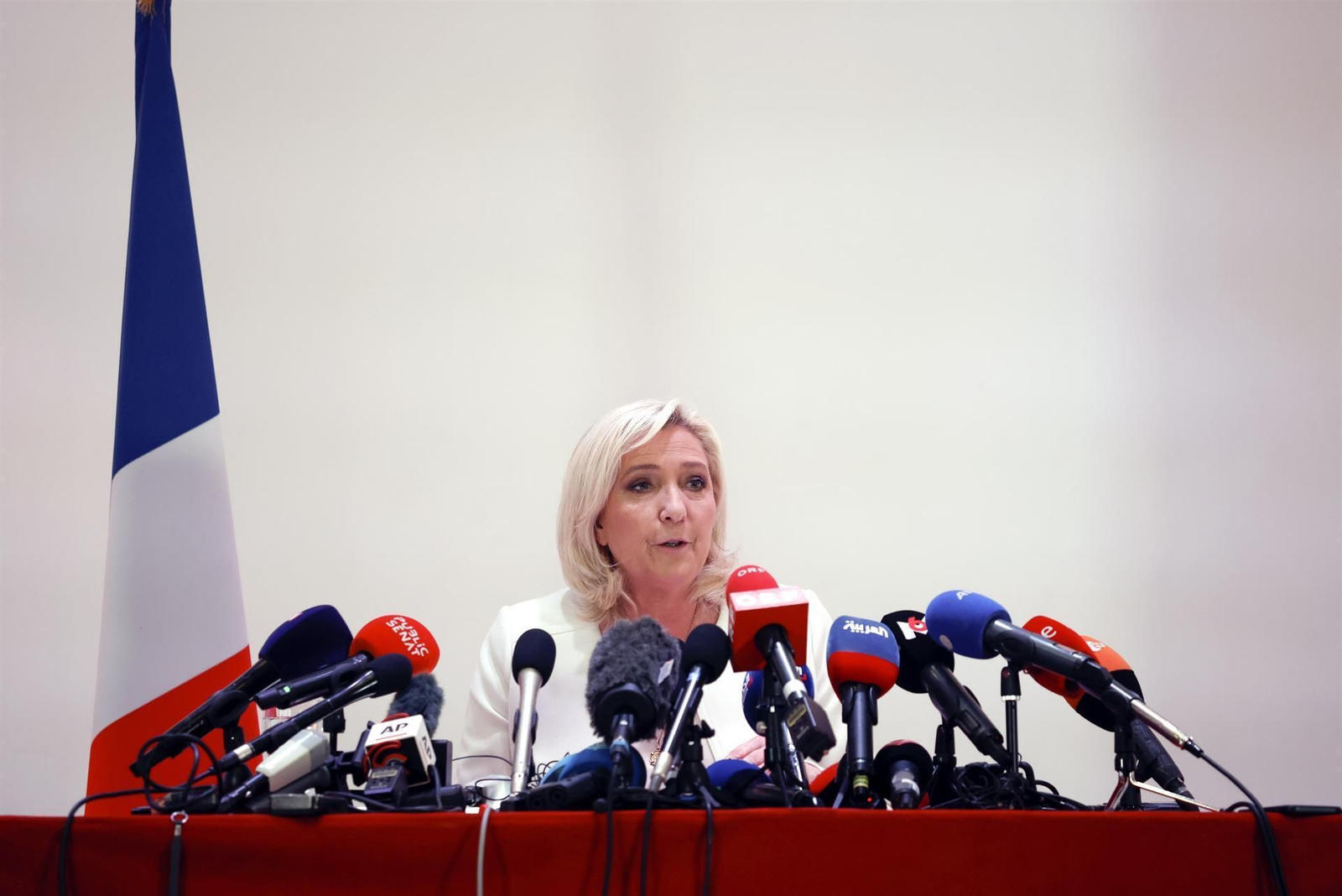 En una tumultuosa conferencia de prensa, la candidata ultraderechista al Elíseo, Marine Le Pen, divulgó este miércoles sus ejes de política internacional para Francia,