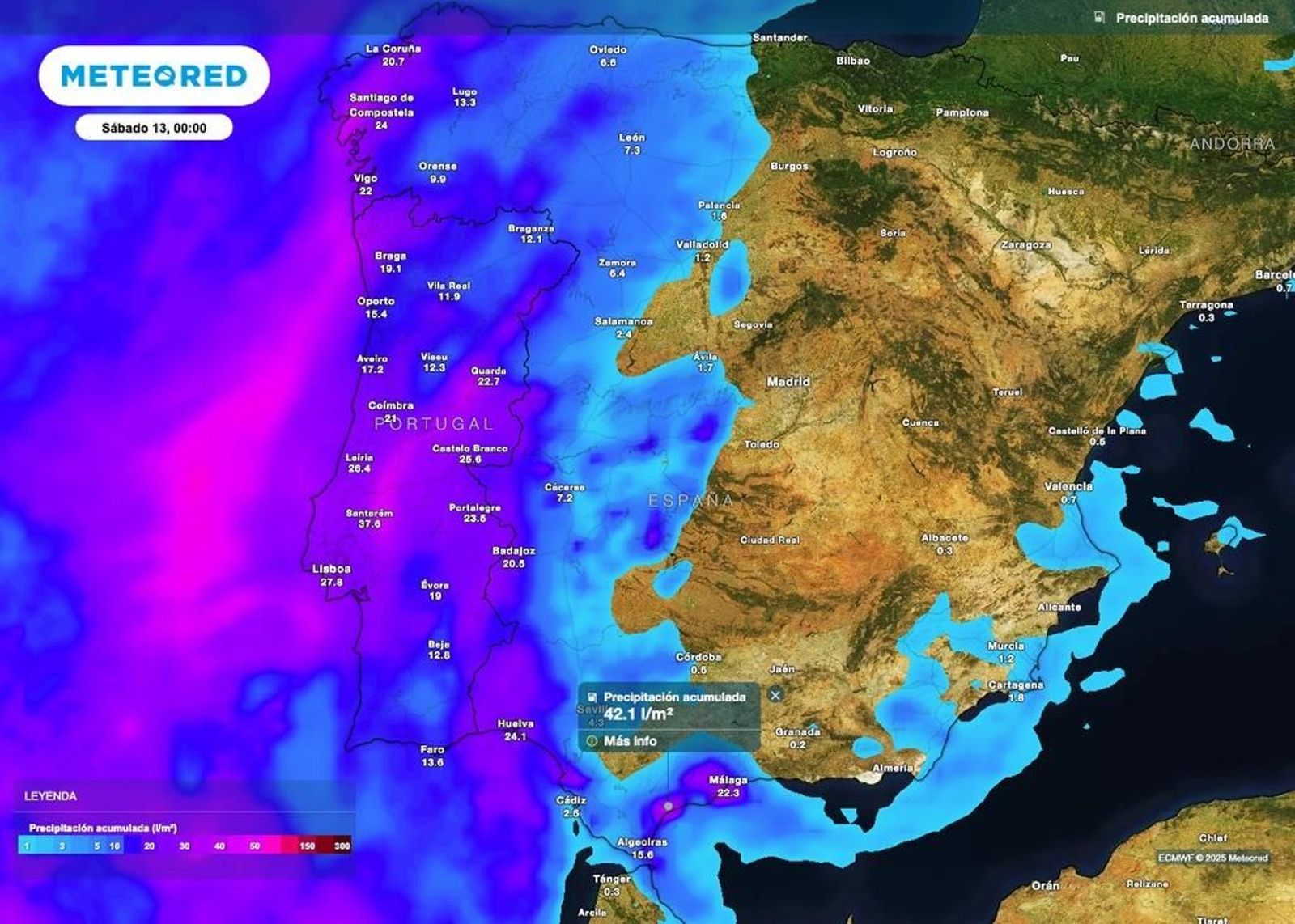 Lluvias previstas en el oeste peninsular durante el sábado.
