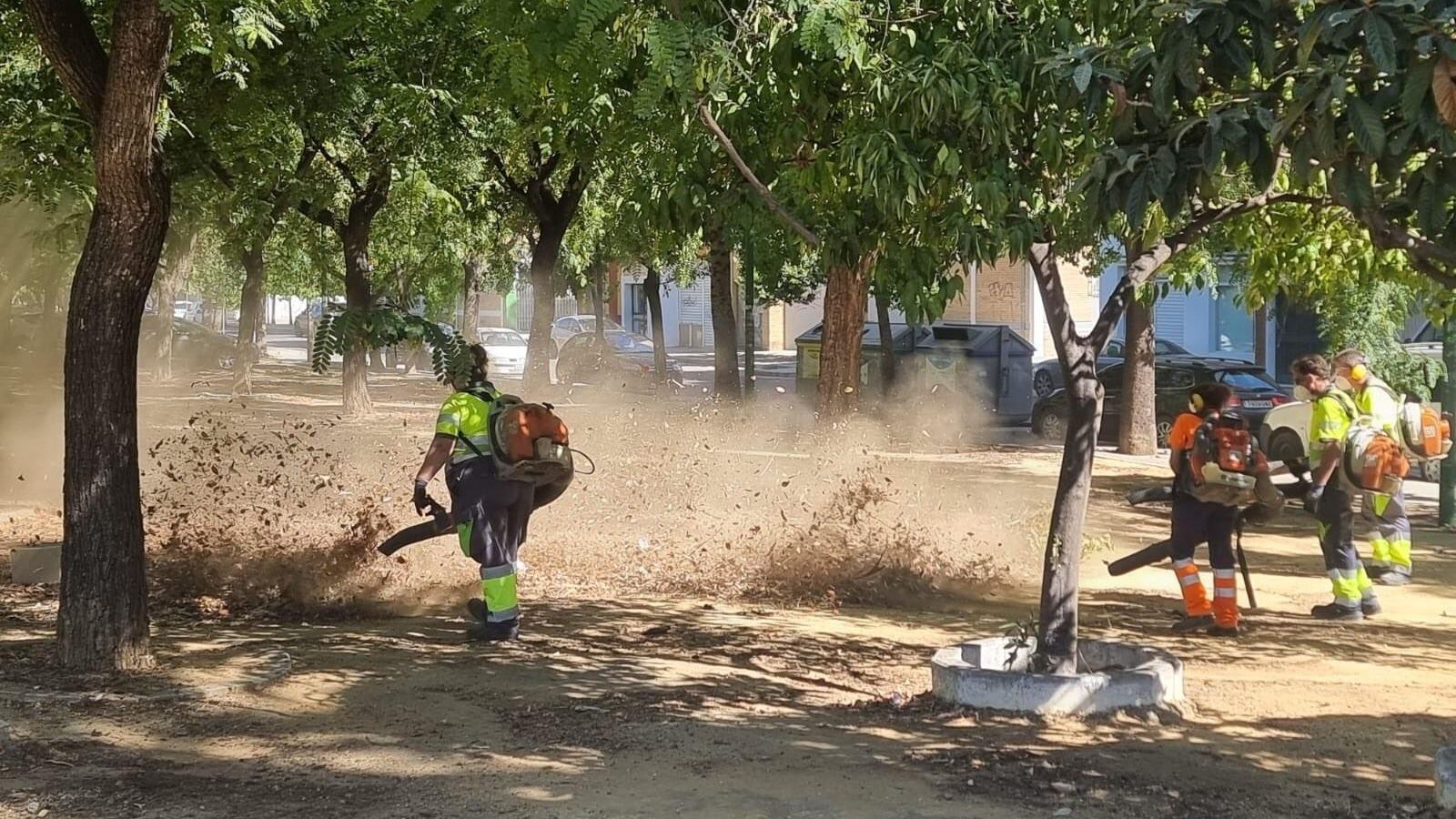 Nubes de polvo que levantan las sopladoras en Sevilla