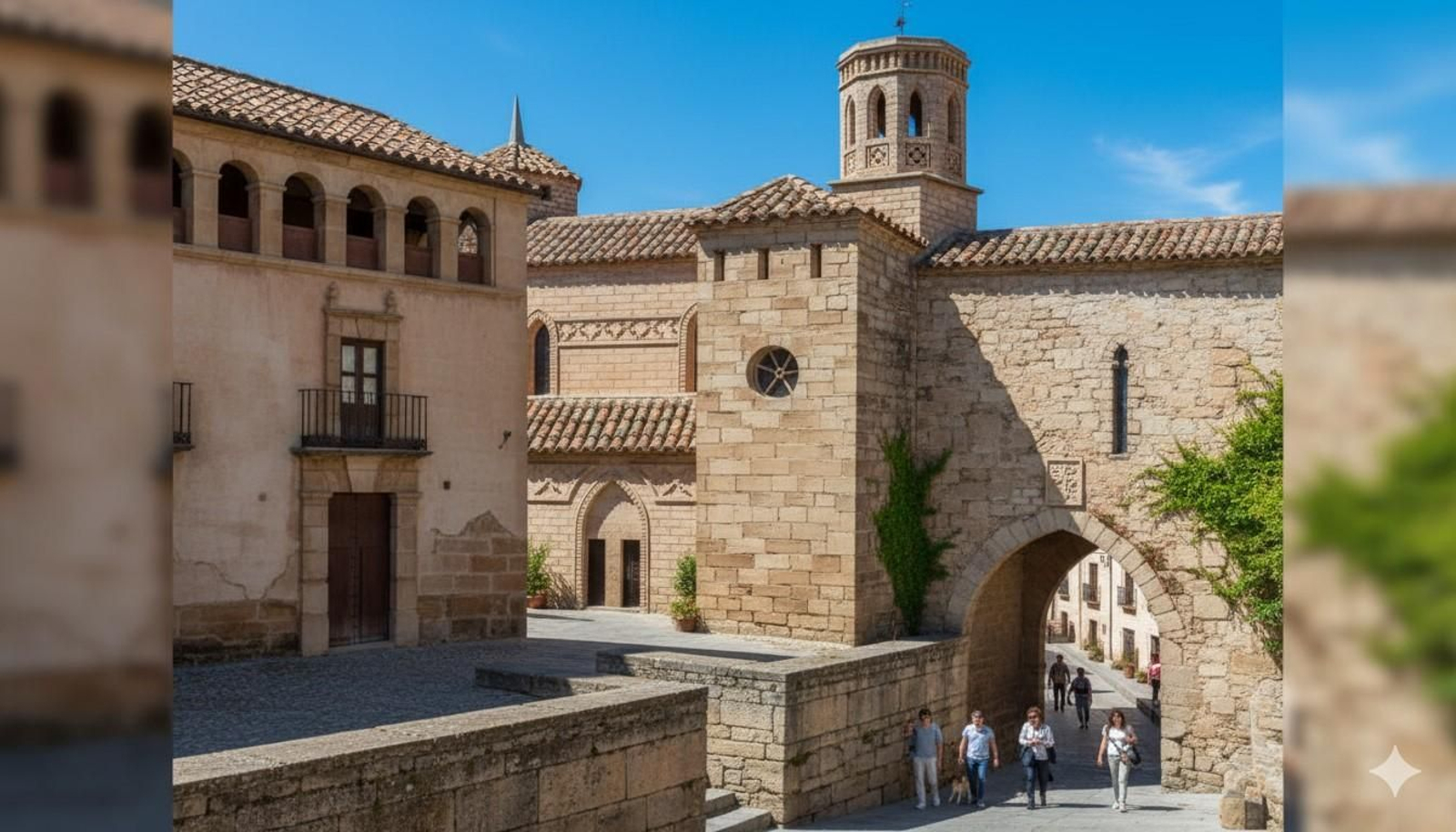 Reconstrucción hipotética de la desaparecida iglesia de San Lorenzo y su arco, aún en pie.