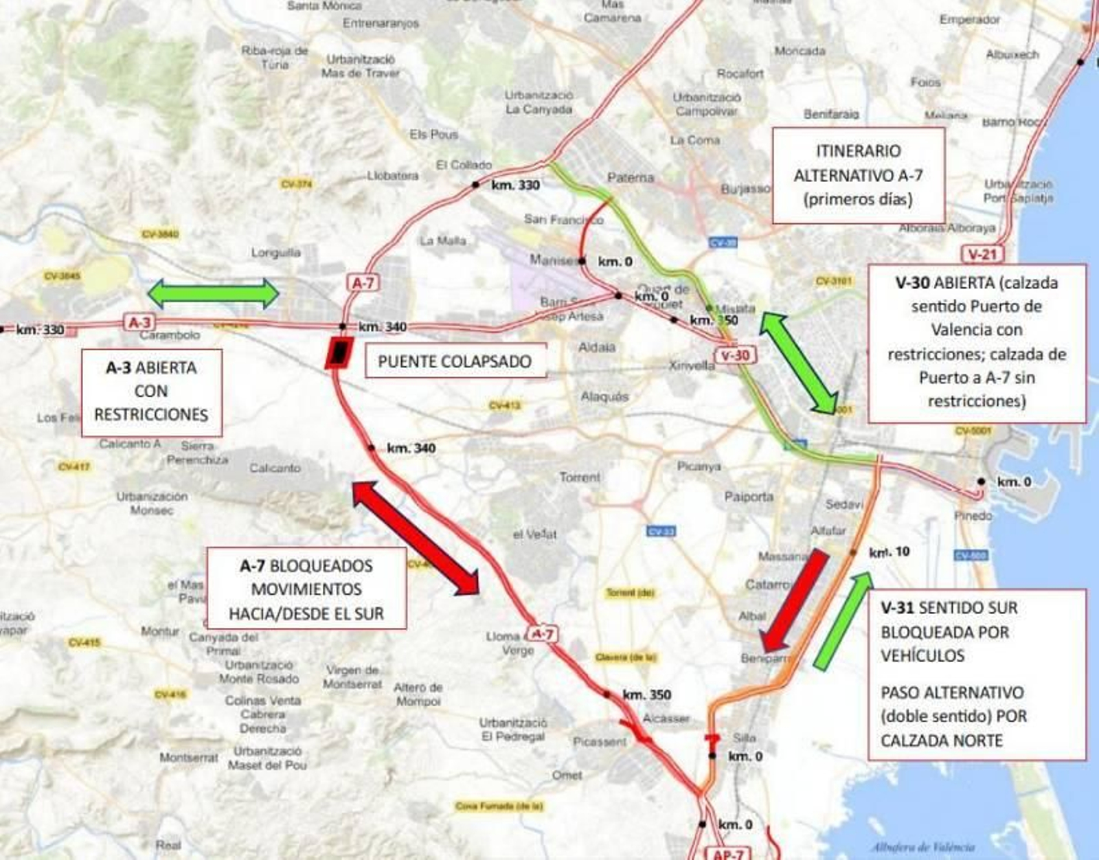 Mapa de situación de la A-7 y by pass de Valencia