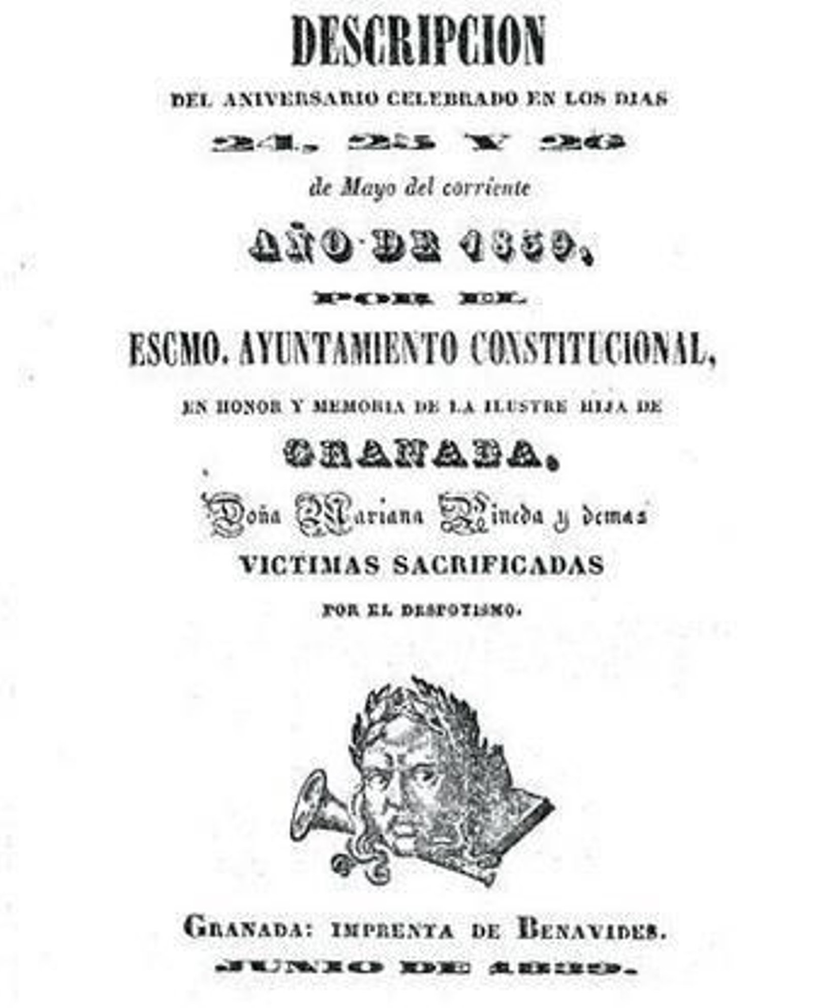 1. La plaza con el monumento erigido pero sin la verja y el ajardinamiento, probablemente el año de su inauguración en 1873. 2. Publicación realizada en 1839 con el detalle de los actos realizados en honor a Mariana Pineda. 3. Busto en yeso del modelo para el monumento no realizado de Manuel González. 4. El monumento de Mariana Pineda en la actualidad.