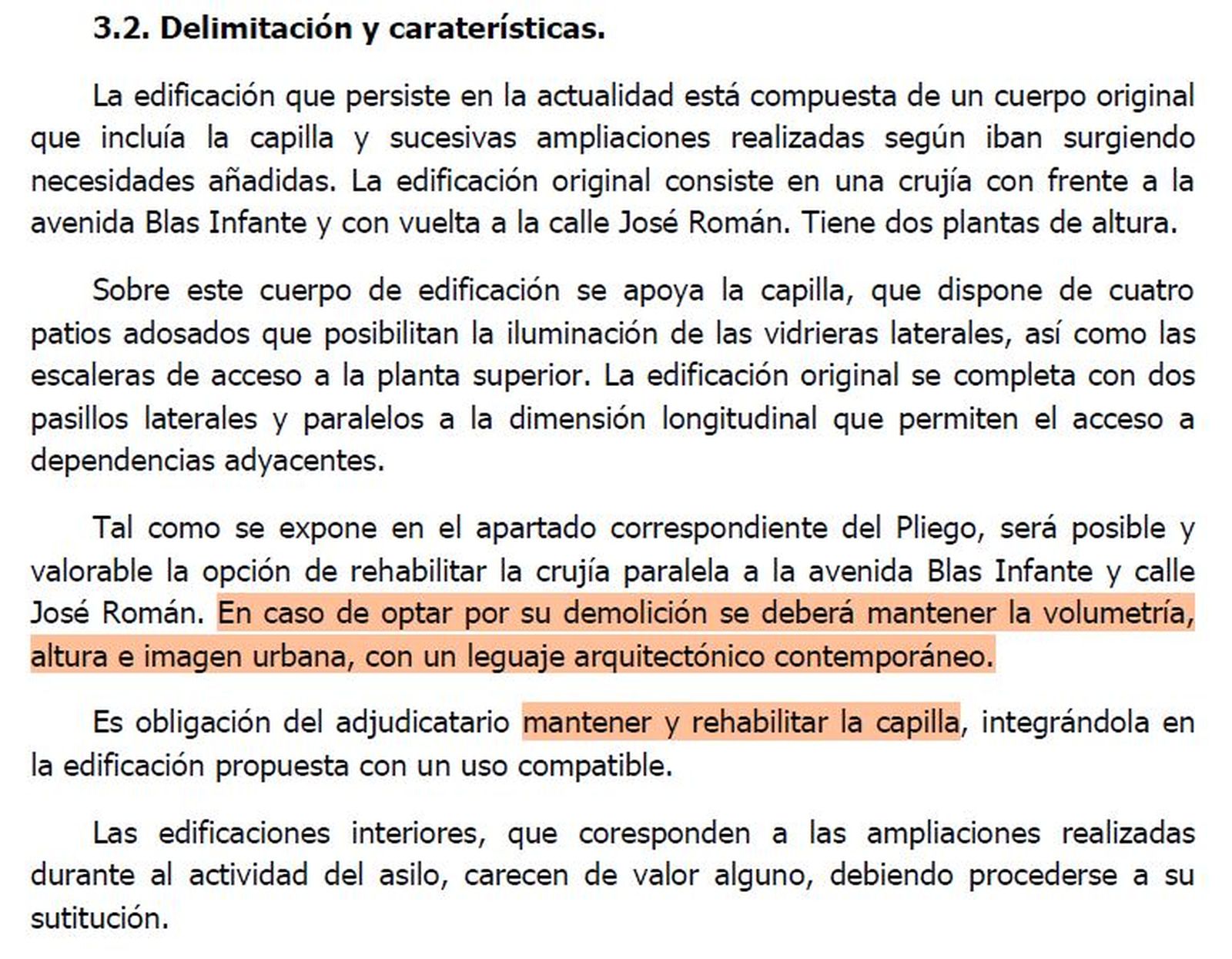 Partel del pliego que alude a la posibilidad de demoler la crujía original del Asilo de San José.