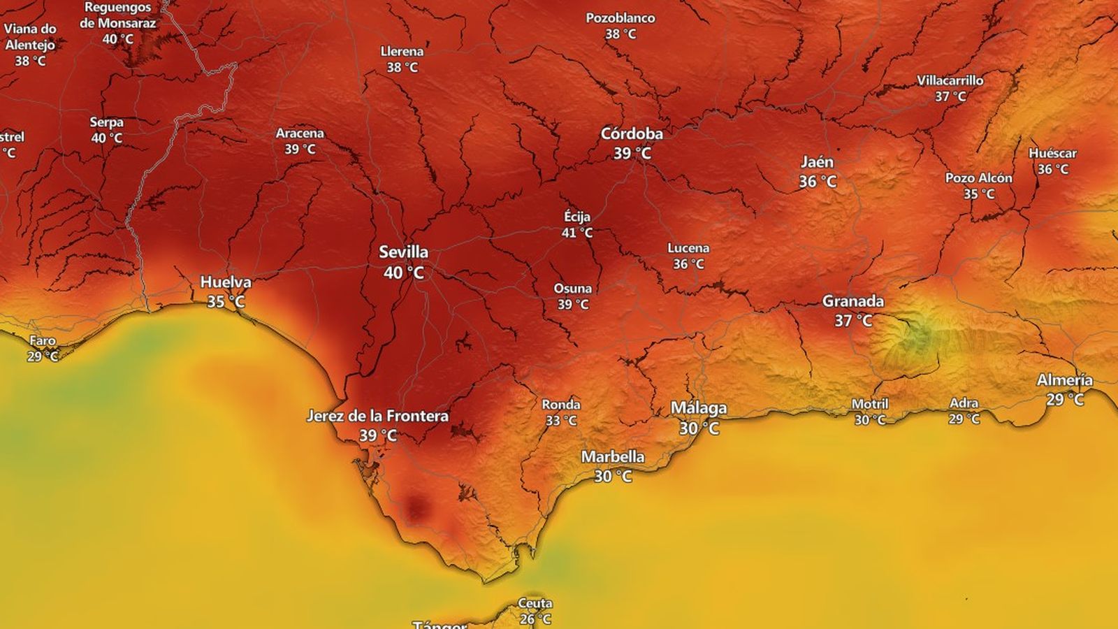 Mapa de calor en Andalucía a las 18:00 de este sábado 17 de agosto