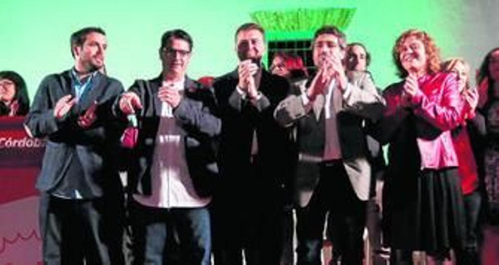 Garzón, García Maíllo, Del Castillo y Doblas, en el acto de la presentación de la candidatura de IU en la plaza del Pocito.