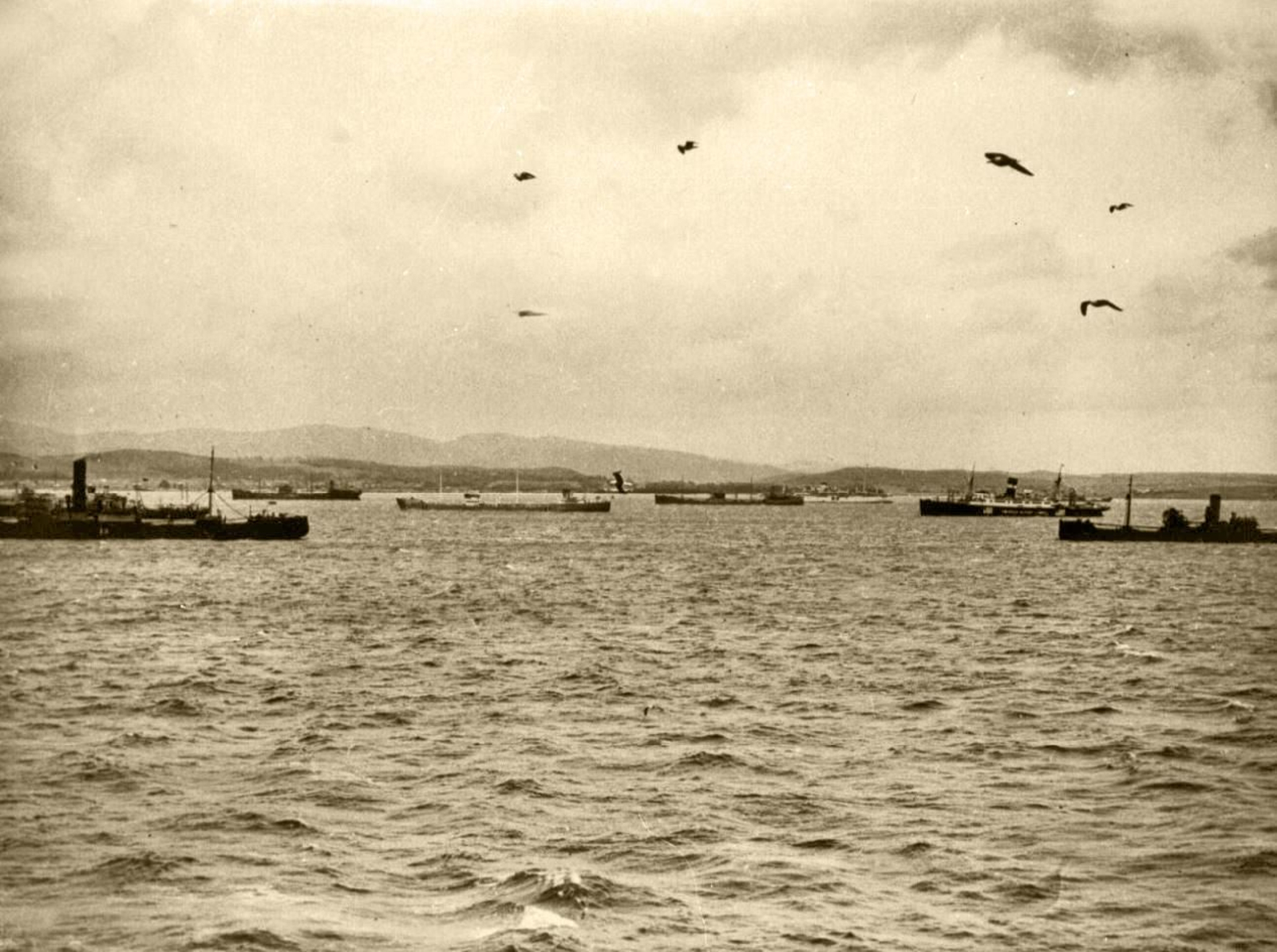 Vista de la Bahía repleta de mercantes aliados.