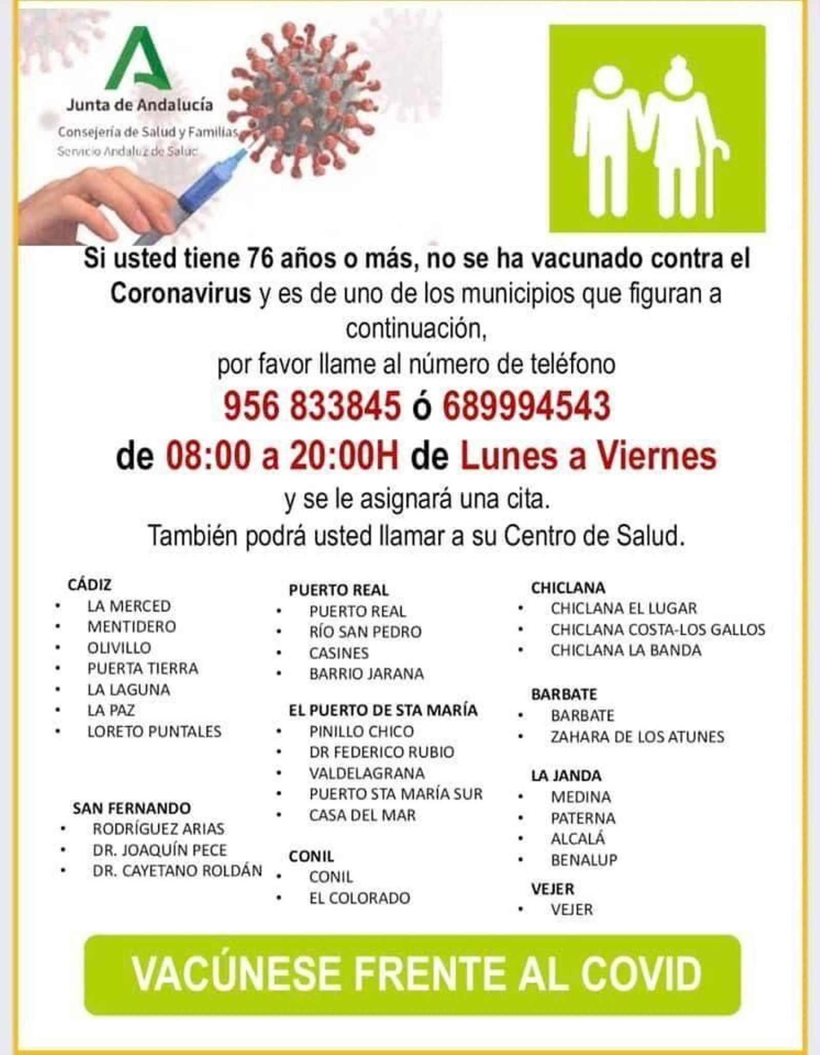 Llamamiento a los mayores de 76 años para vacunarse.