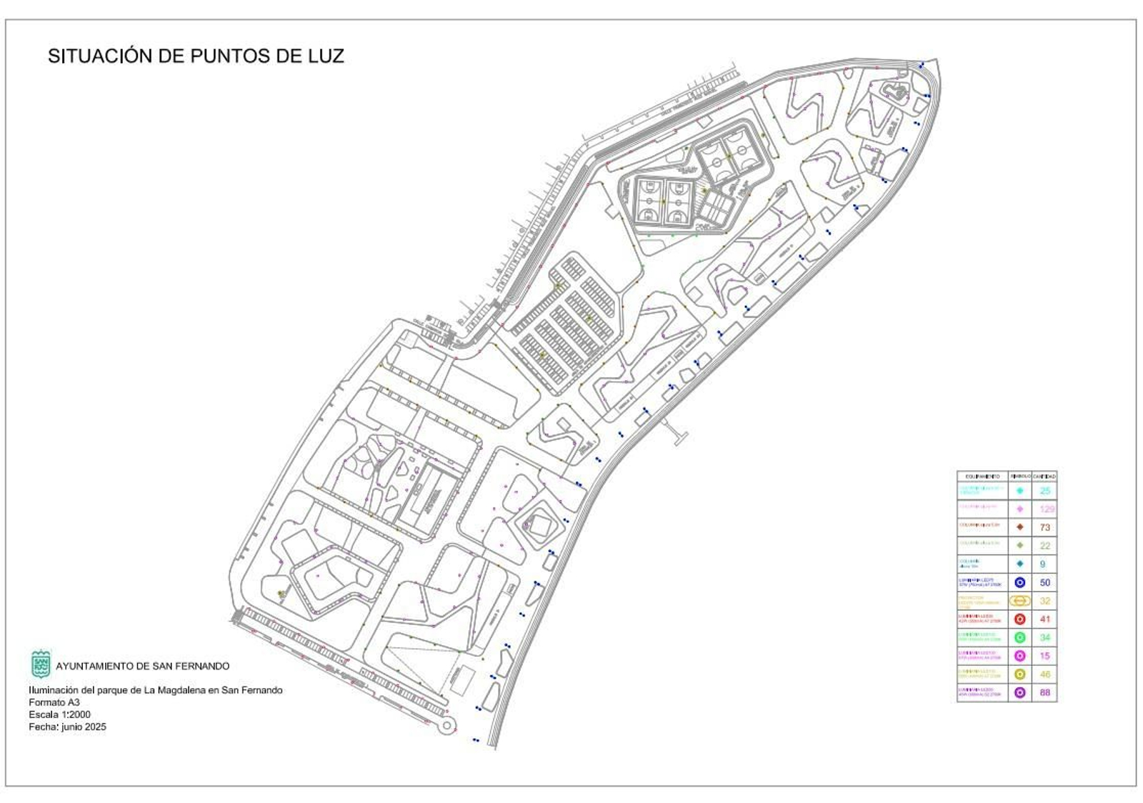 Plano de La Magdalena con la situación de los futuros puntos de luz del futuro parque metropolitano, en San Fernando