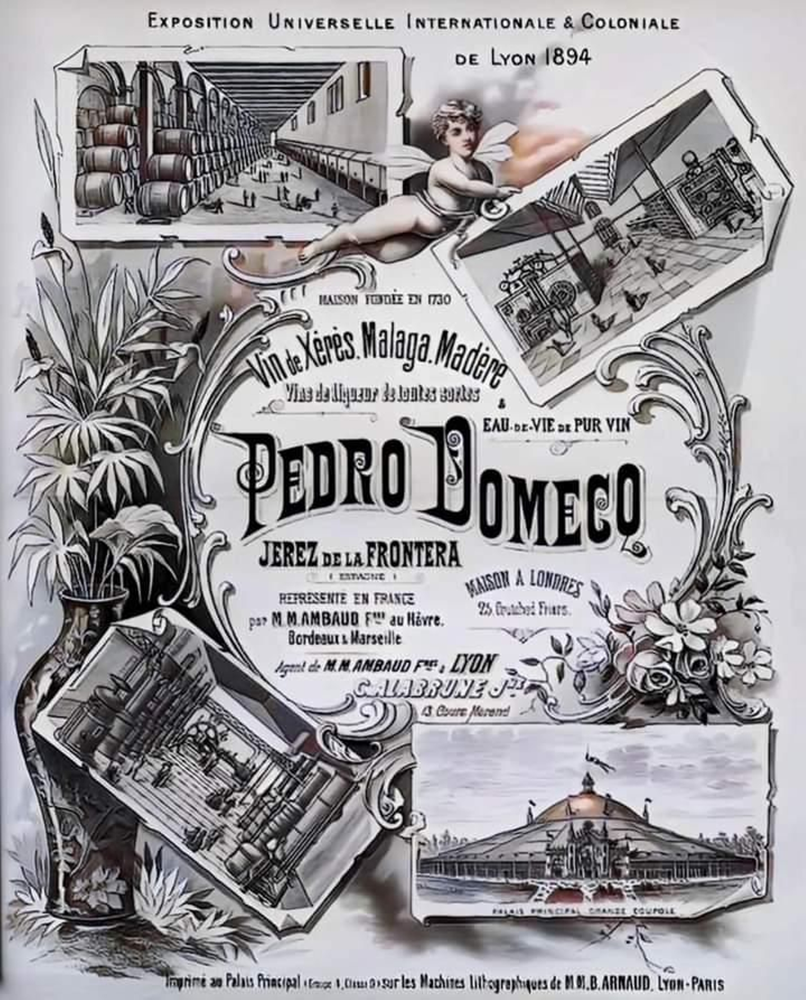 Grabado publicitario francés de las bodegas de Pedro Domecq.