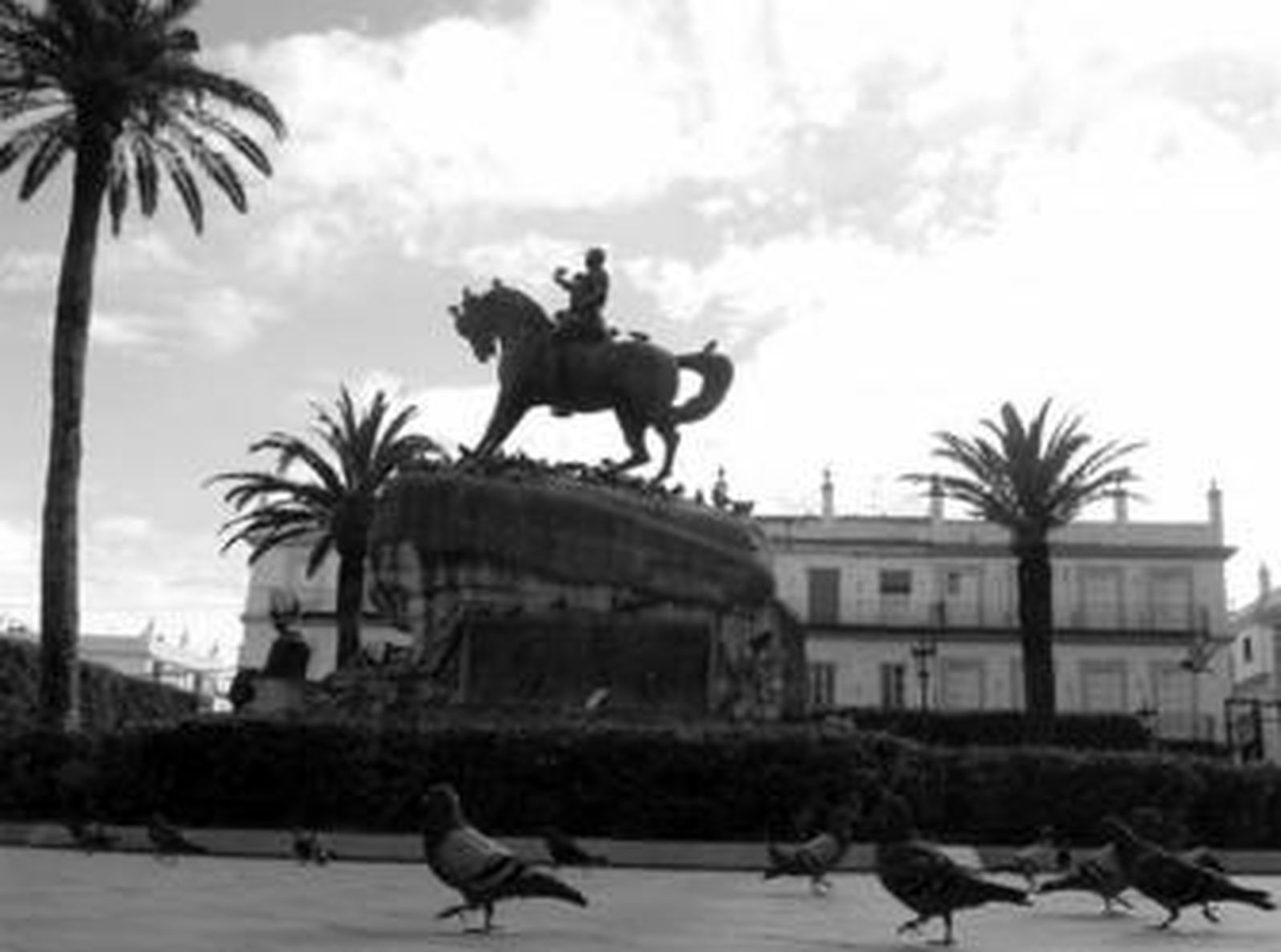 La estatua ecuestre del general Varela que preside la plaza del Rey, rodeada de palomas.