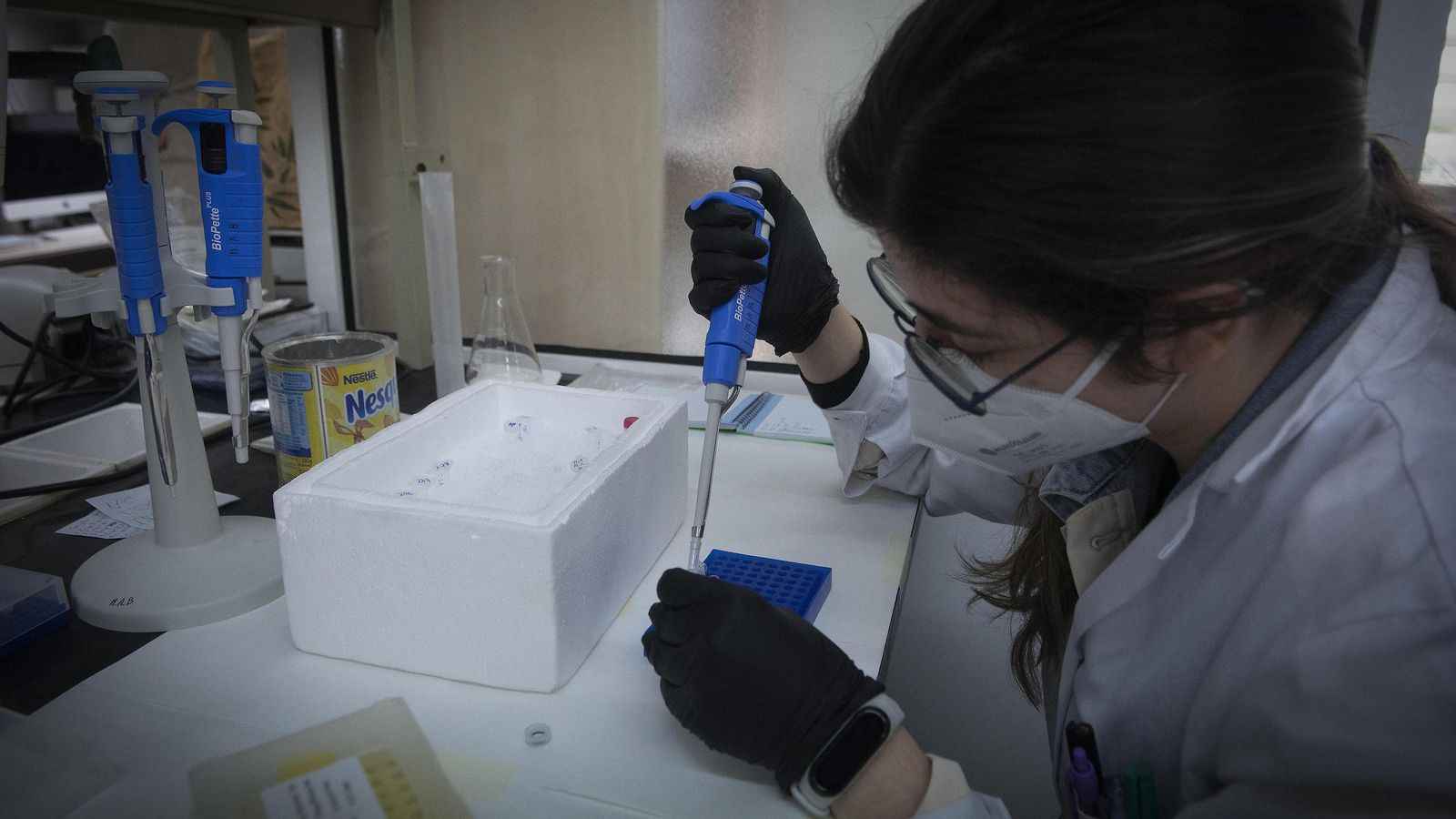 Una de las investigadoras mientras llena un tubo de ensayo.