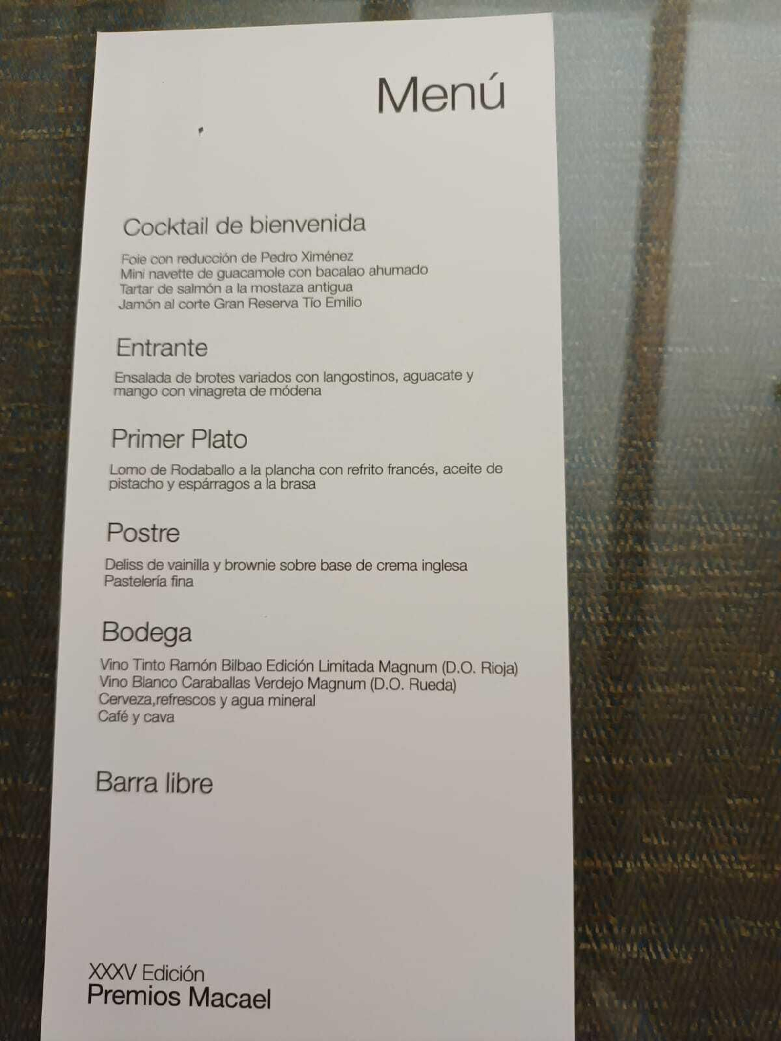 Menú de los Premios Macael 2022