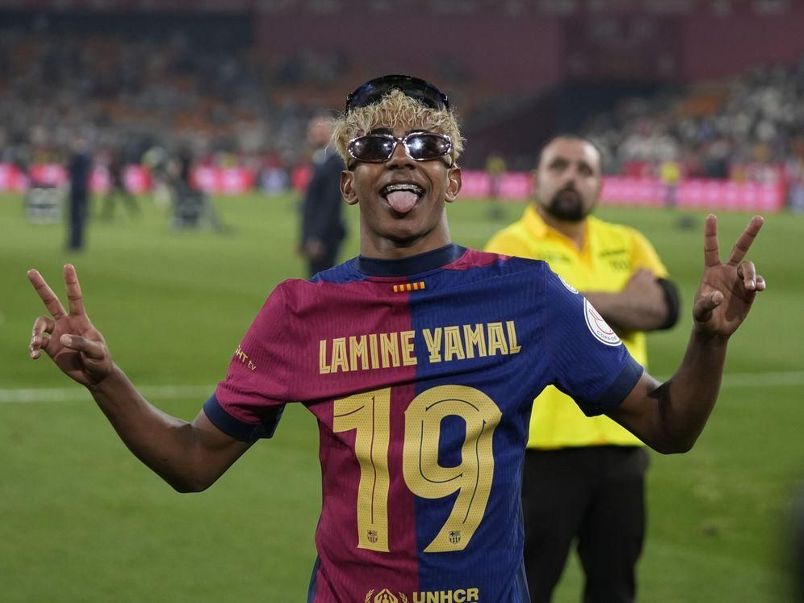 Lamine Yamal, durante la celebración de la Copa del Rey