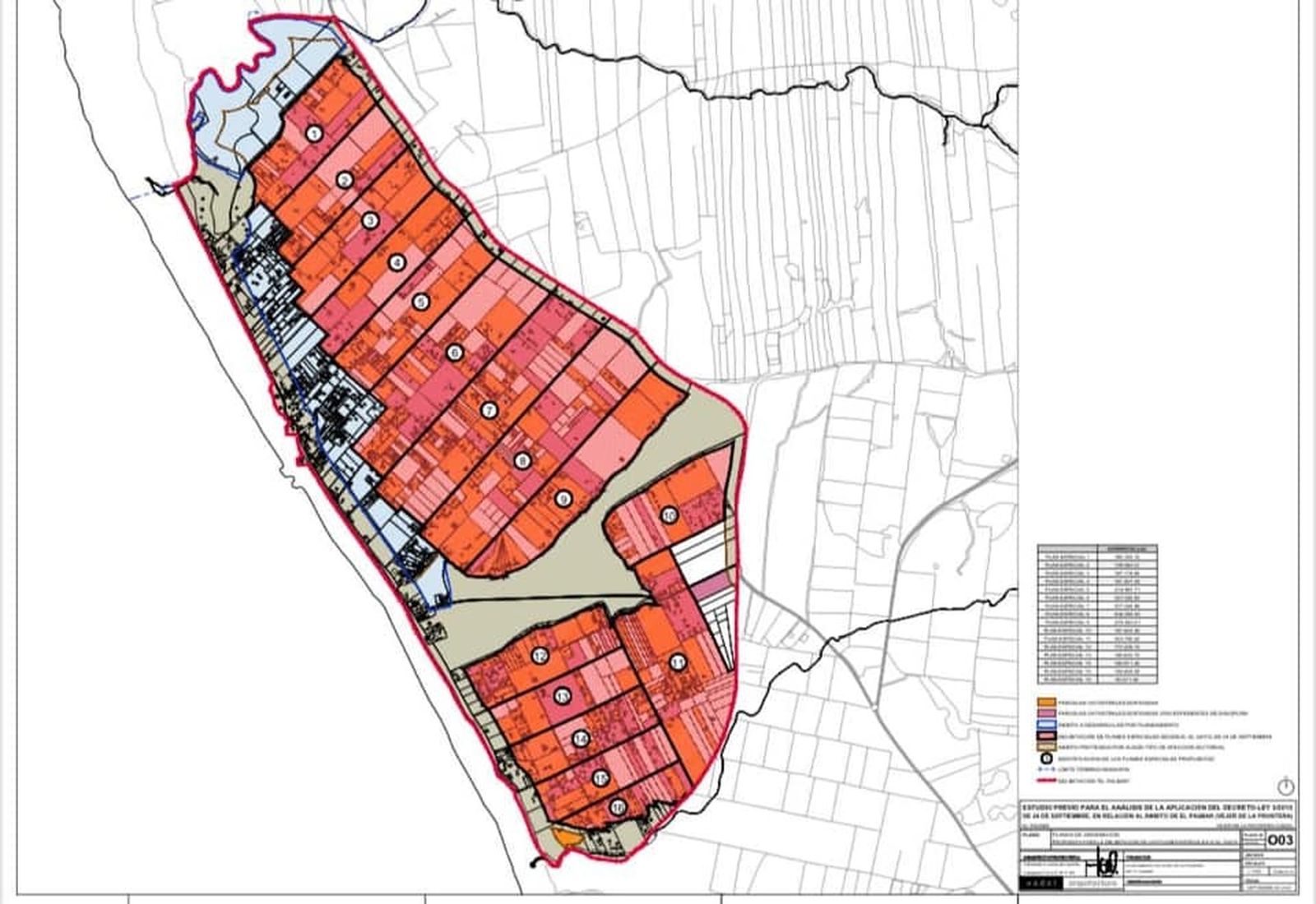Plano del Palmar con las 16 zonas en las que se ha partido el frente litoral.