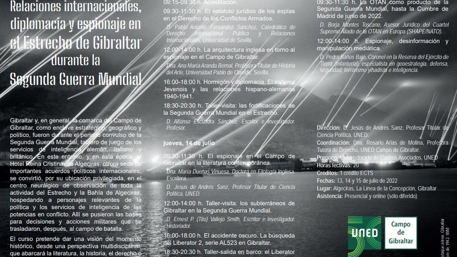 Tríptico del programa del curso Relaciones internacionales, diplomacia y espionaje