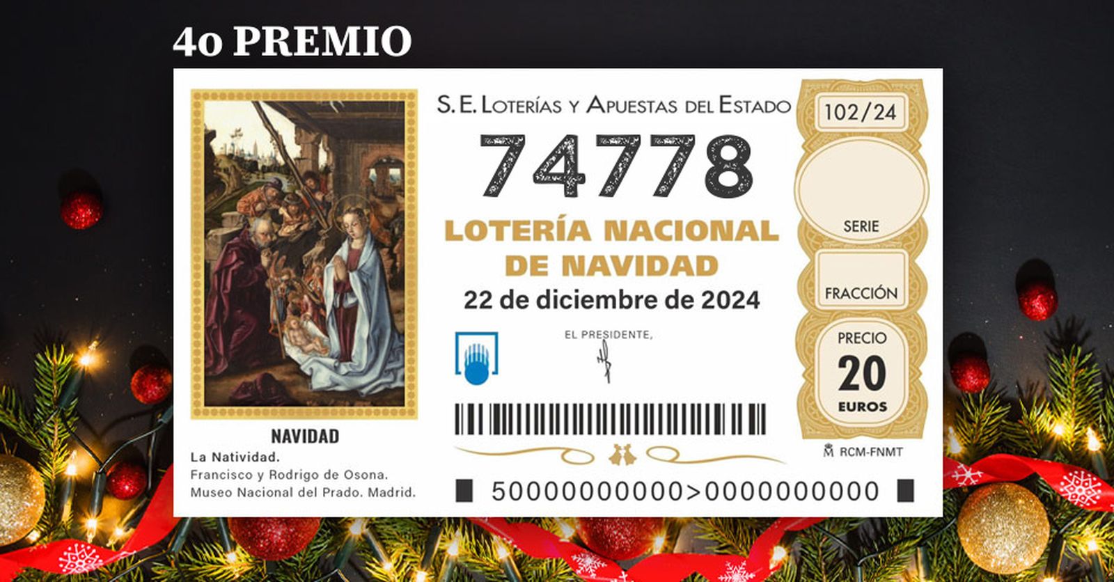 El 74778, tercer quinto premio de la Lotería de Navidad 2024