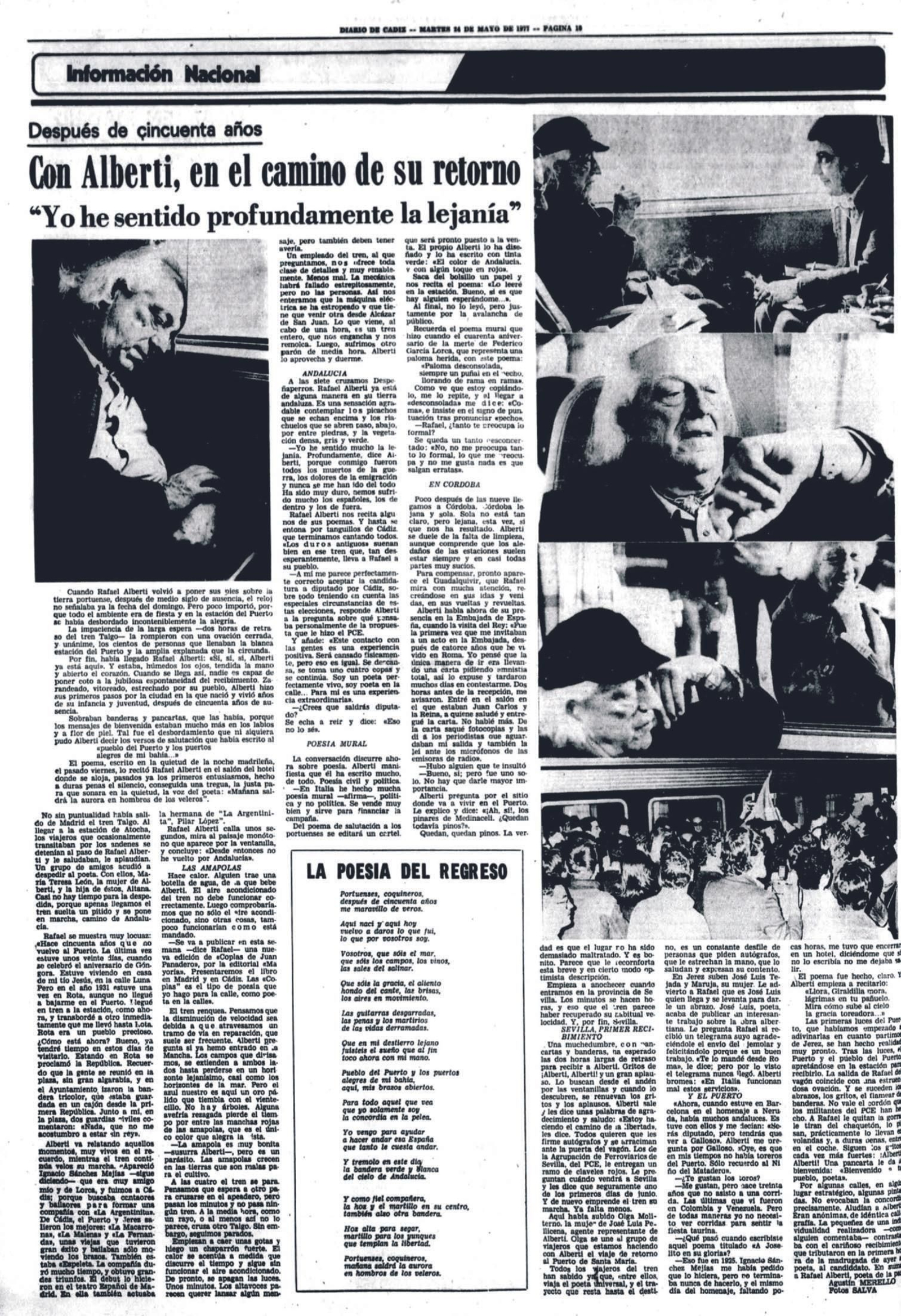 Crónica del viaje en tren de Alberti desde Madrid a El Puerto, escrita por Agustín Merello y publicada en Diario de Cádiz el martes 24 de mayo de 1977. Crónica del viaje en tren de Alberti desde Madrid a El Puerto, escrita por Agustín Merello y publicada en Diario de Cádiz el martes 24 de mayo de 1977.