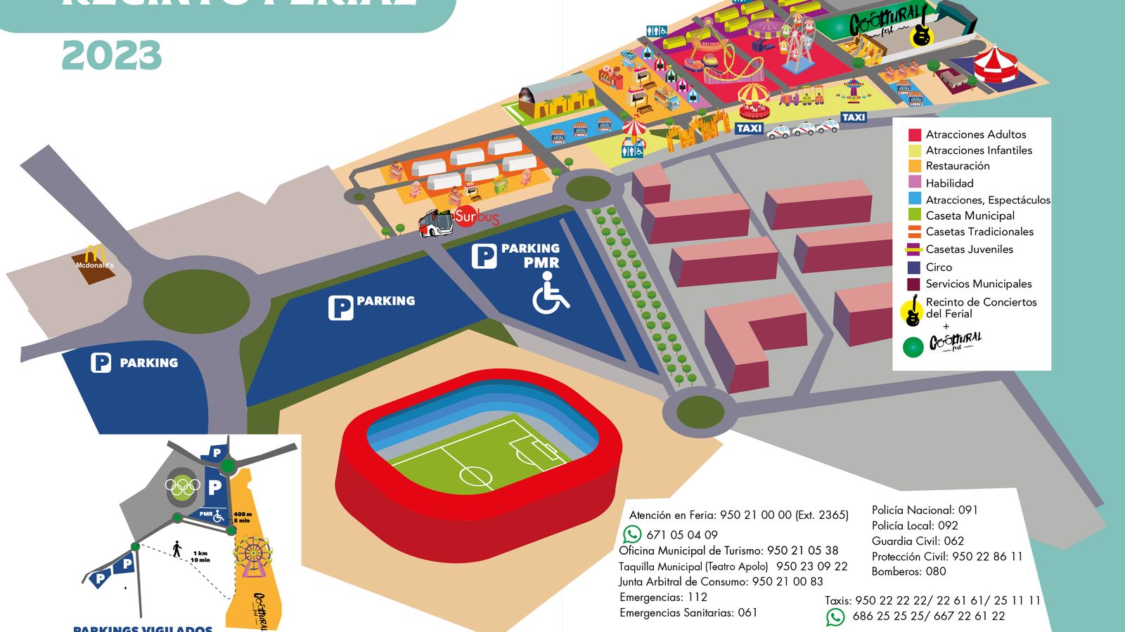 Distribución del ferial en el recinto de la Vega de Acá, donde se pueden ver las ubicaciones de los parking, las paradas de taxis y de autobuses y las distintas atracciones y recinto de conciertos.