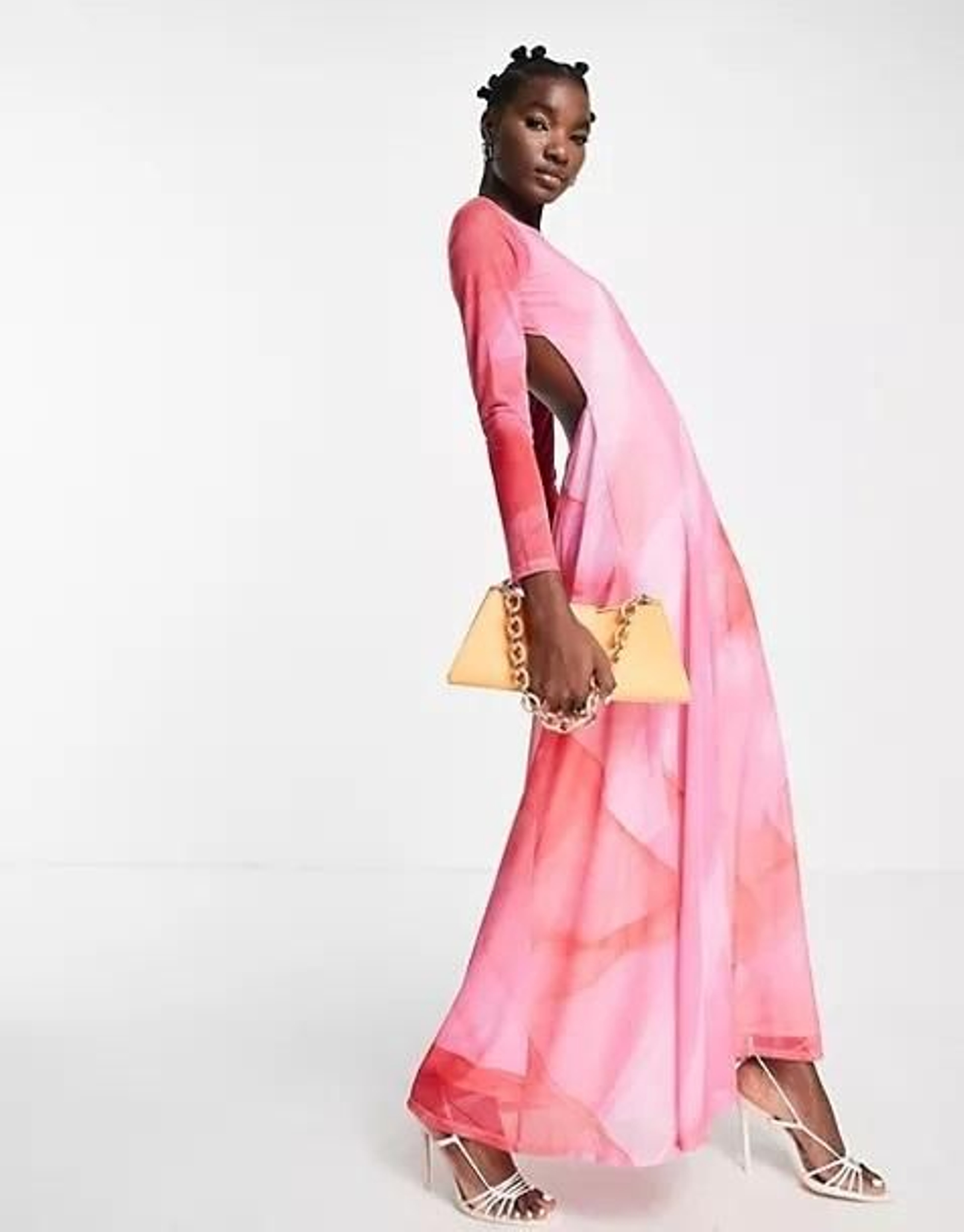 Vestido largo rosa y rojo de manga larga con estampado variado de acuarela de Topshop