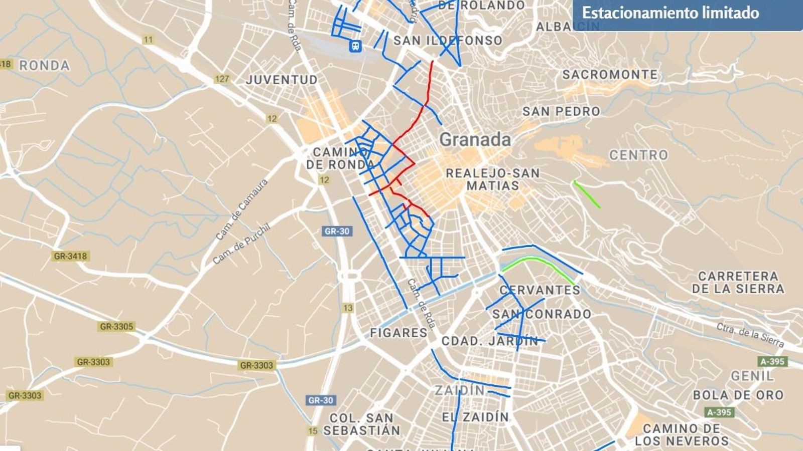 Mapa actualizado del estacionamiento limitado en Granada.