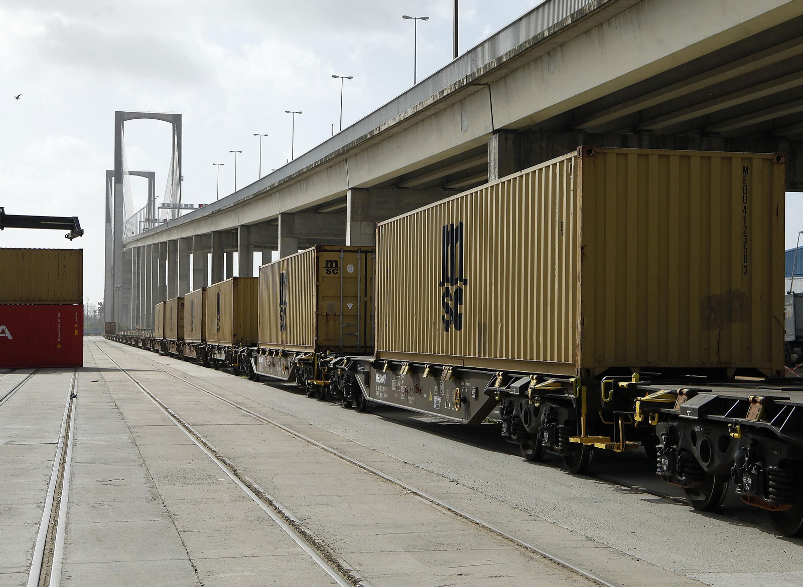 Uno de los trenes de mercancías con contenedores del Puerto de Sevilla en la terminal ferroviaria portuaria.