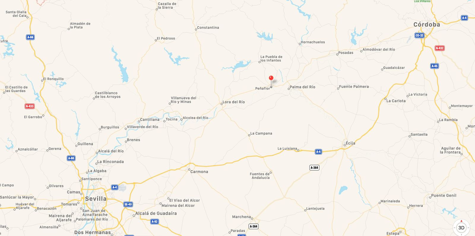 Mapa de Peñaflor, entre las ciudades de Sevilla y Córdoba.